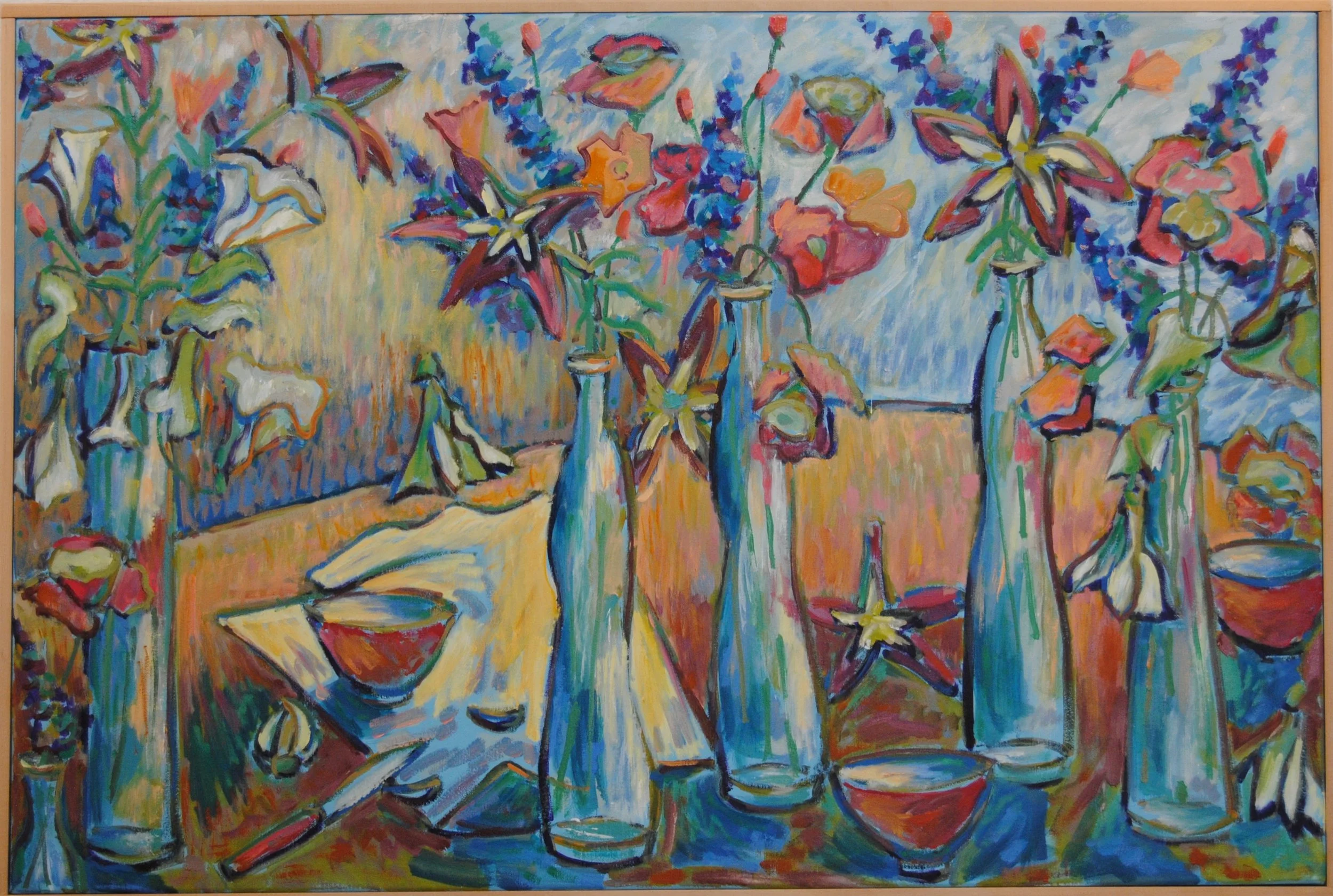 A colorful painting of a still life with vases containing various flowers, including lilies, star-shaped flowers, and other blooms, on a table. The style is expressive with vivid colors and bold brushstrokes.