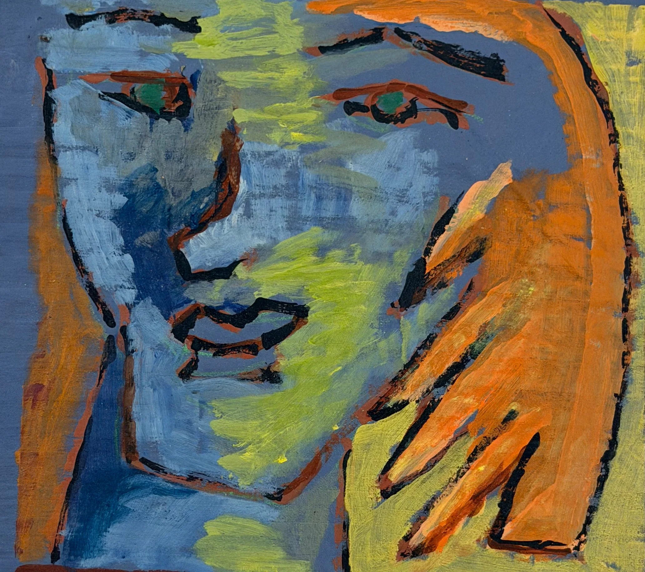 An abstract painting of a person with closed eyes, resting their face on their hand, painted in shades of blue, green, orange, and black.