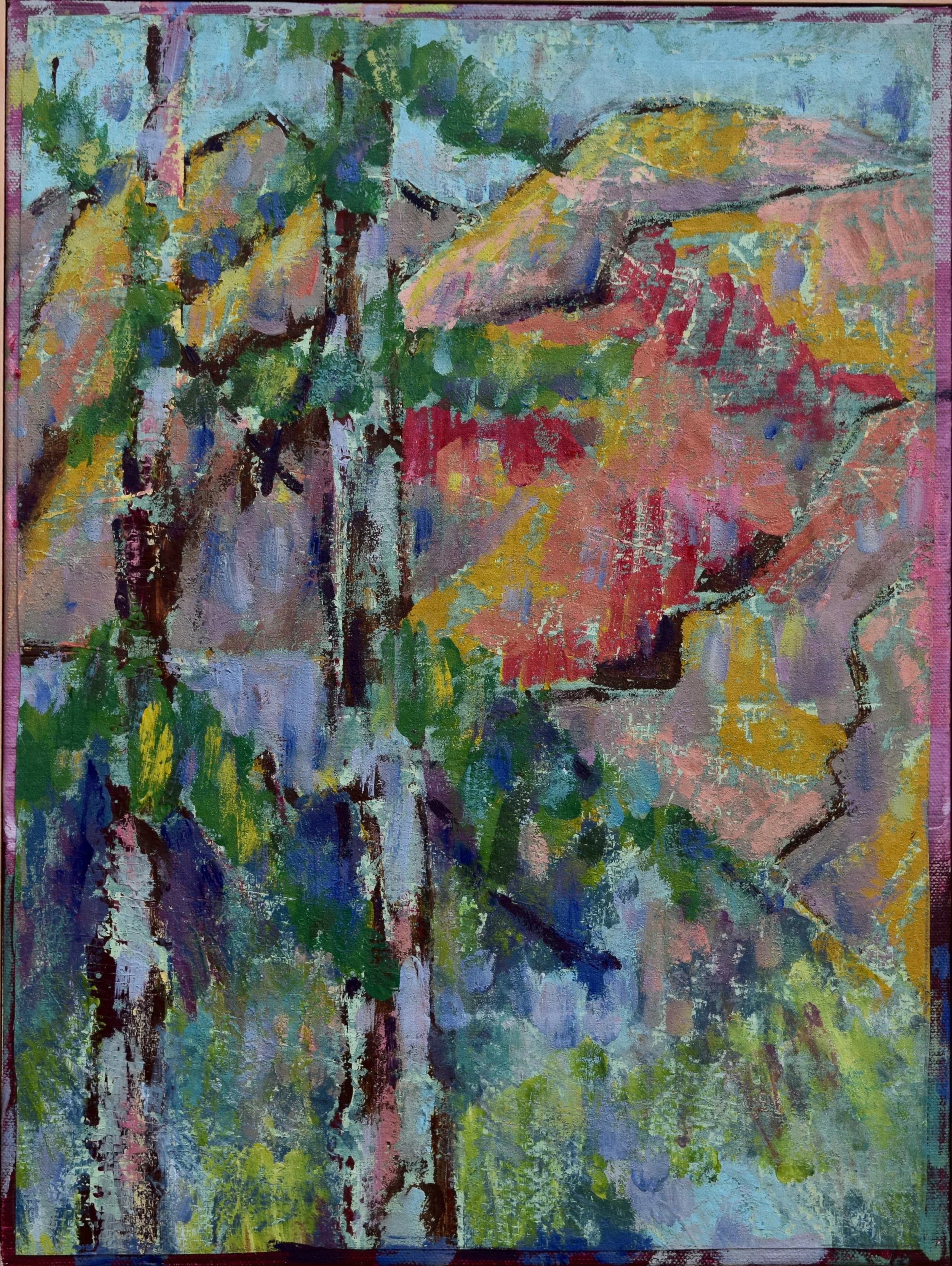 Abstract painting of a house with a red roof, surrounded by trees and foliage in various colors.