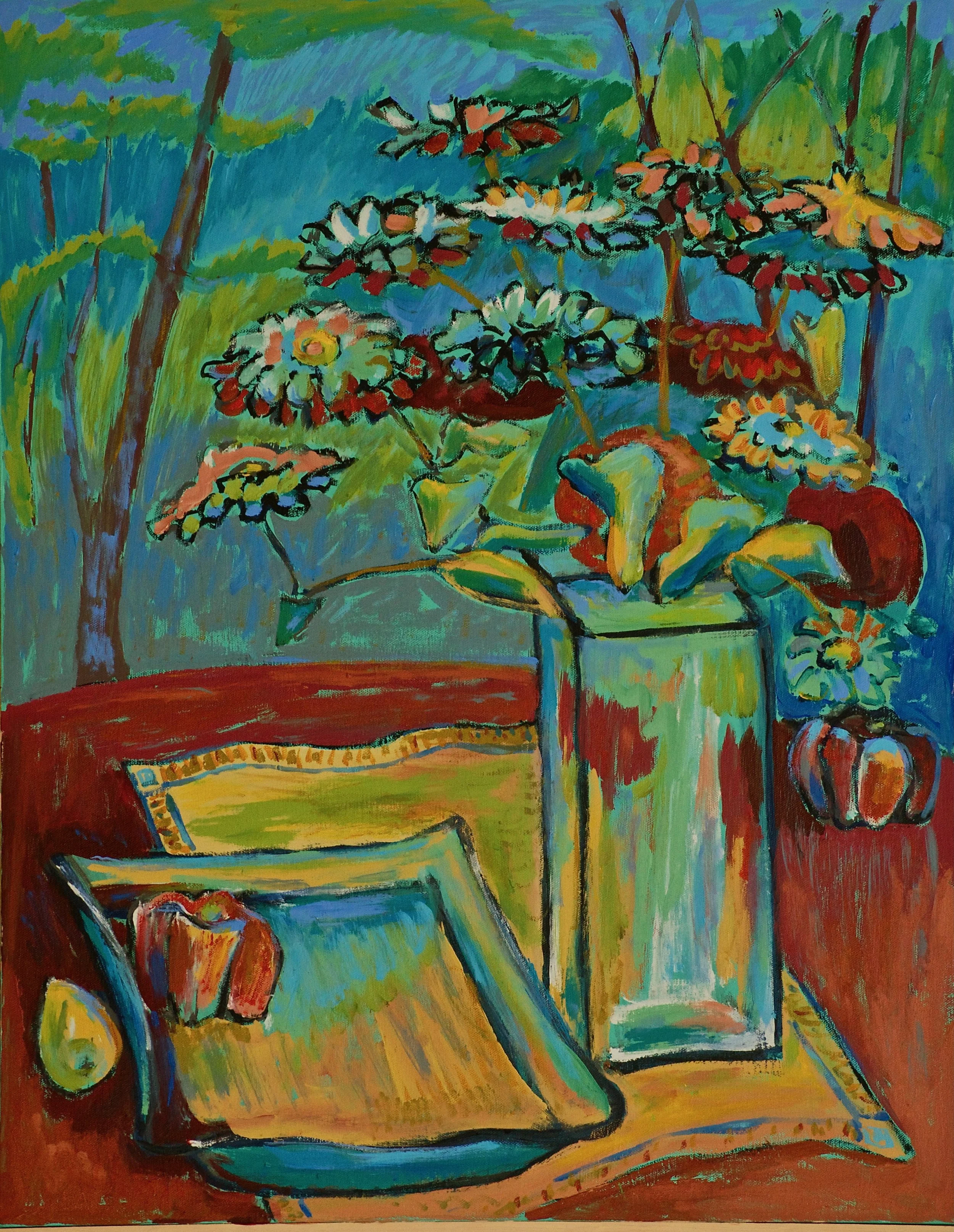 Bright still life painting featuring a vase of colorful flowers, a decorative pillow on a sofa, and a pumpkin on the ground, all depicted with vivid, bold brushstrokes.
