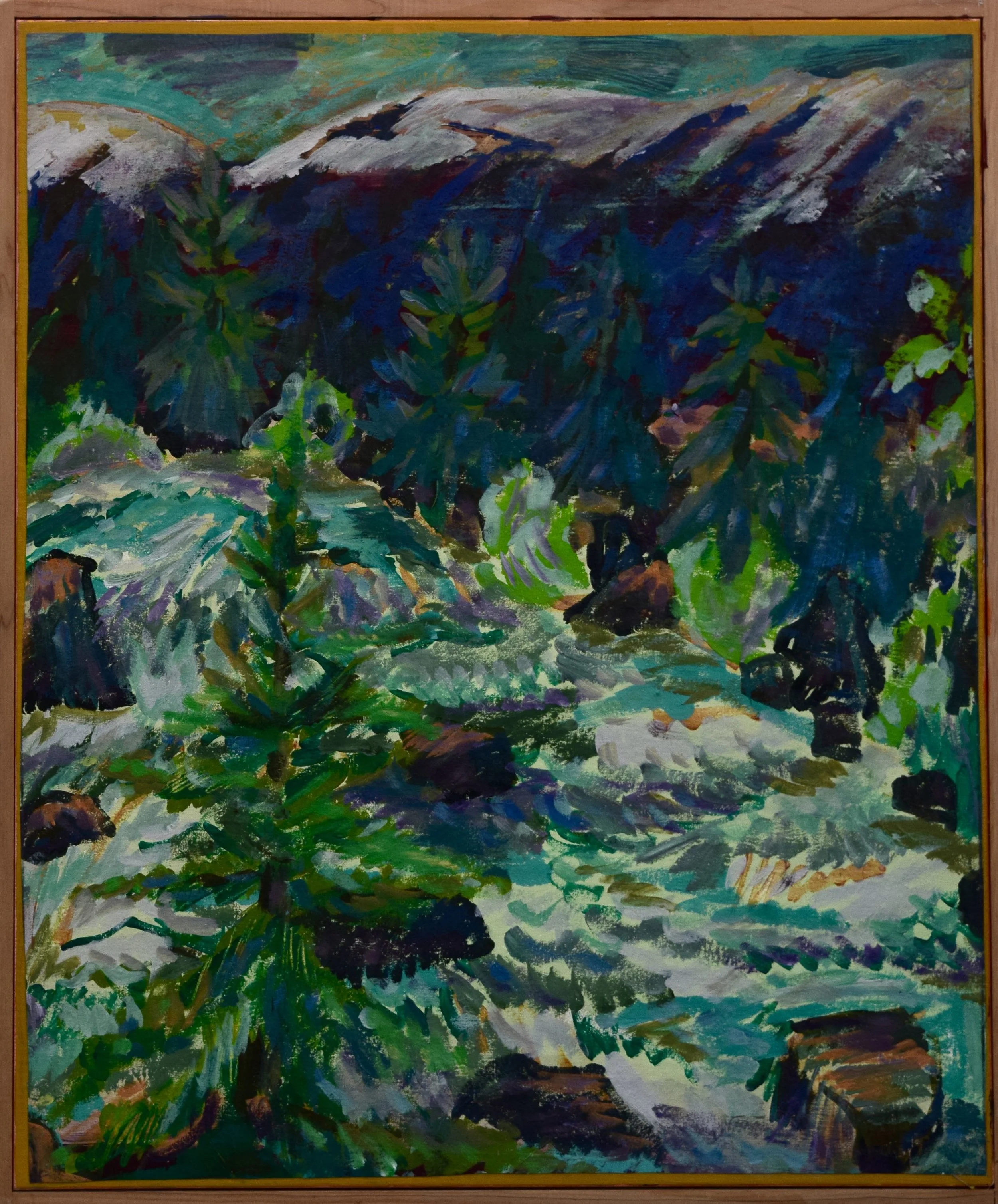 An oil painting of a landscape with green trees, rocks, and a mountainous background, rendered in an impressionistic style with bold brushstrokes.