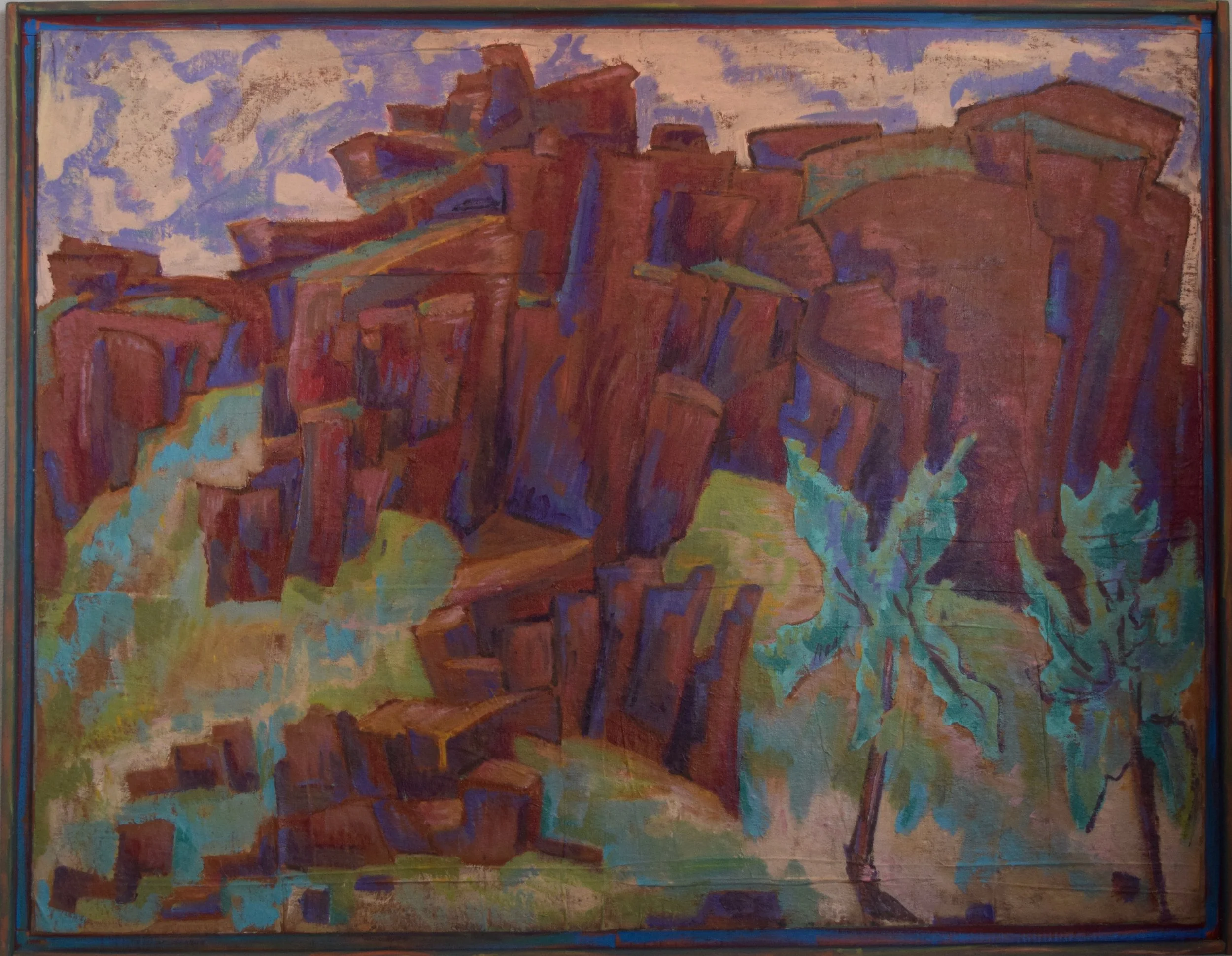 An abstract landscape painting depicting rock formations with trees and a sky with clouds in vibrant colors.