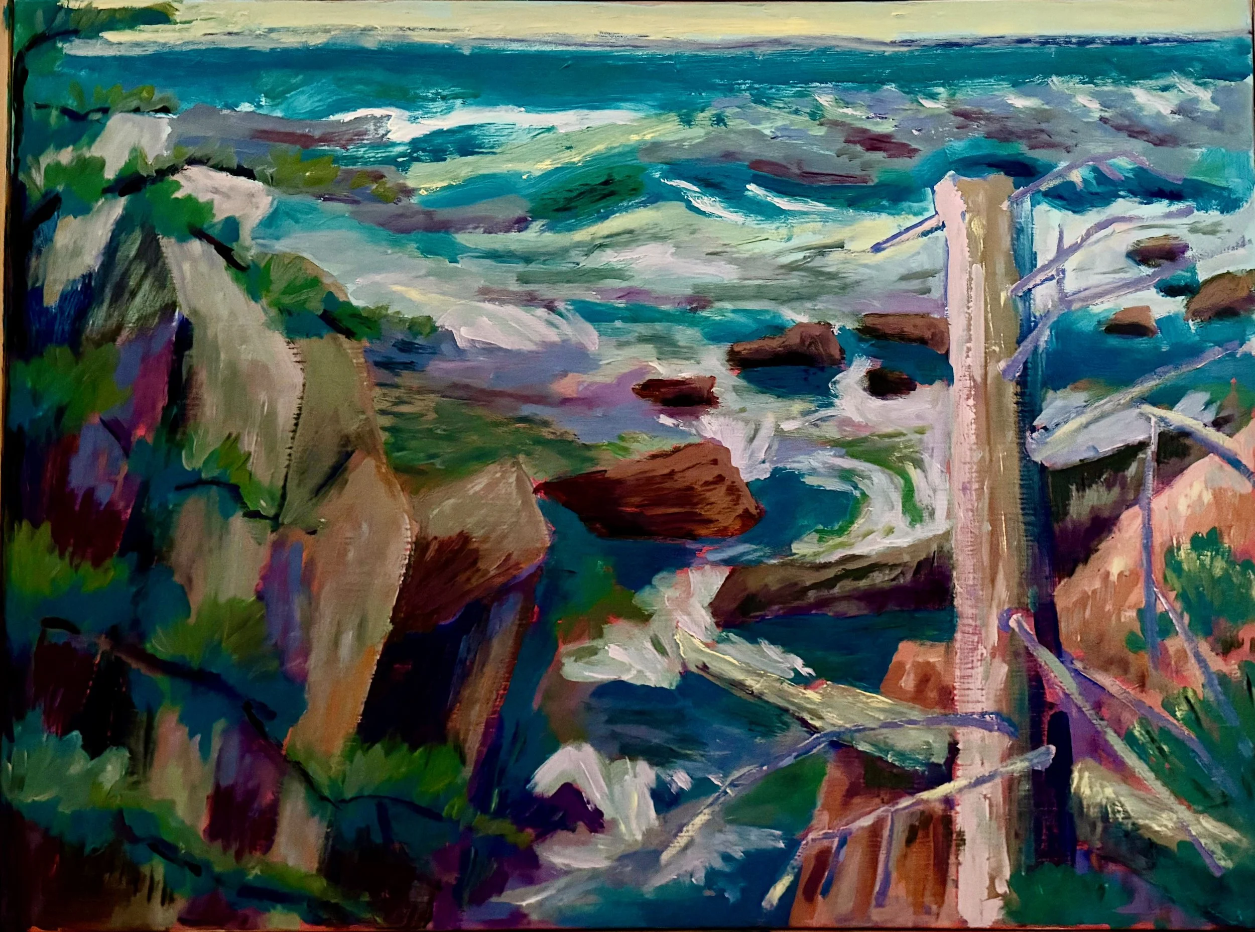 Abstract landscape painting of the ocean with waves crashing against cliffs, rocks, and vegetation, in shades of blue, green, purple, and brown.