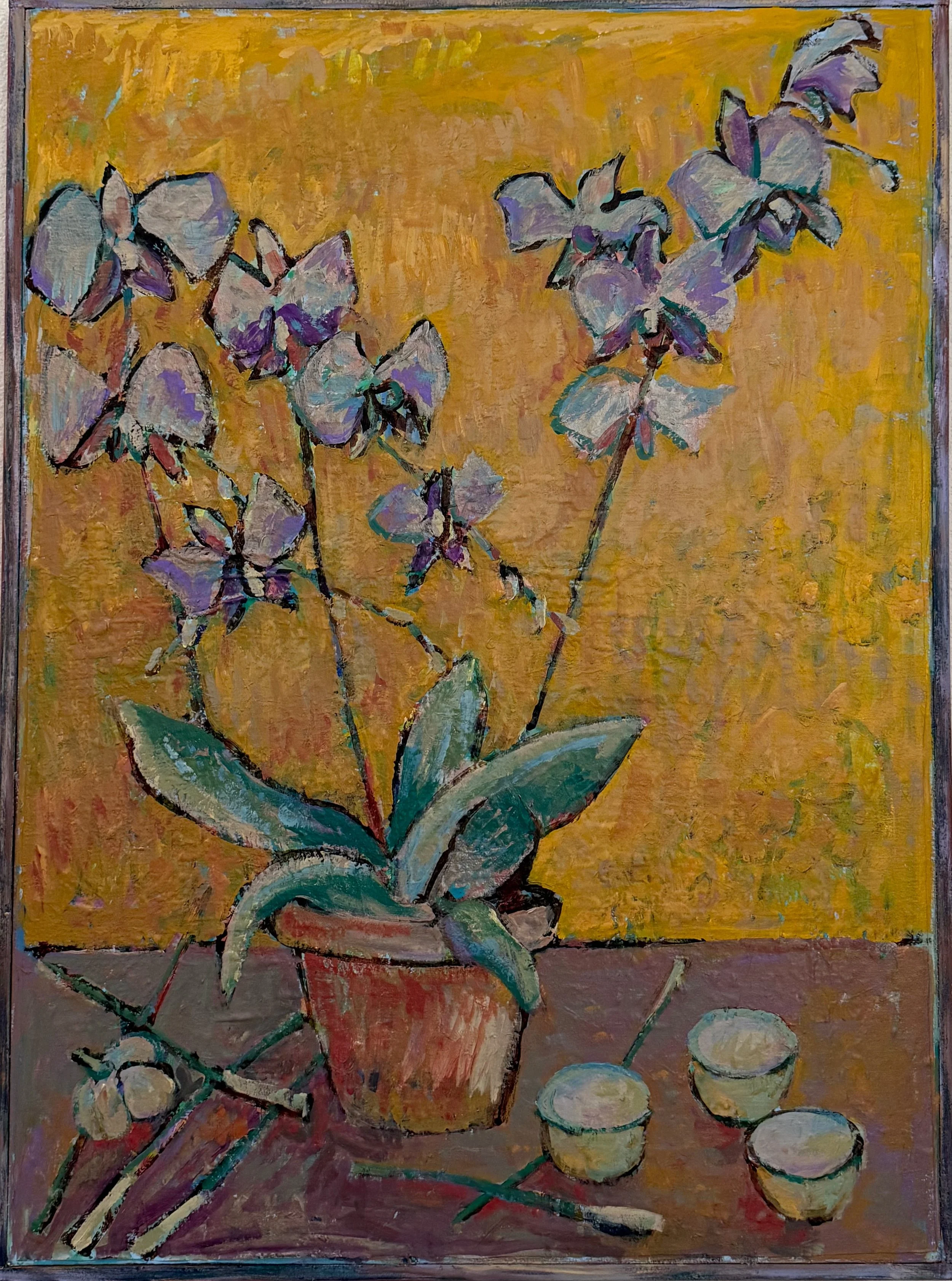 A painting of a potted plant with purple flowers against a yellow background, with three small bowls and a knife on a table in the foreground.