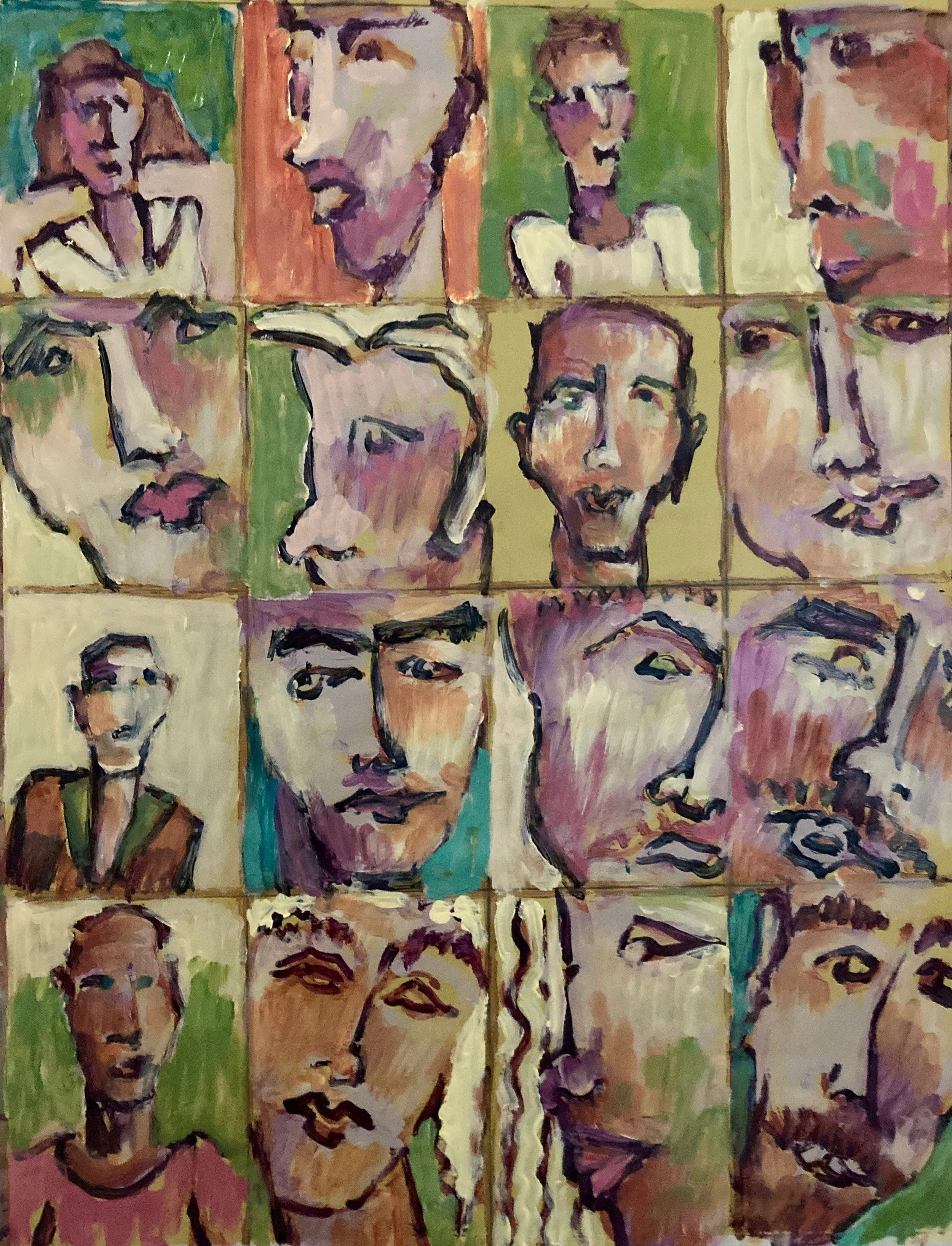 A colorful abstract painting featuring multiple portraits of faces, each with distinct expressions, arranged in a grid pattern. The style is loose and expressive, with bold brushstrokes and vibrant colors.