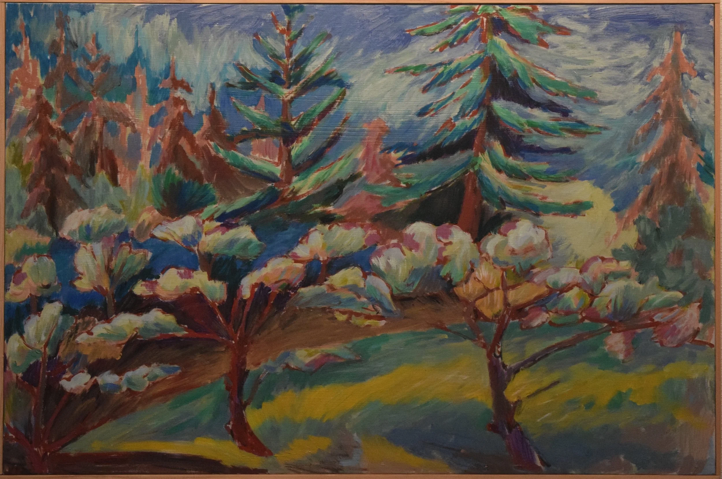 Colorful impressionist painting of a forest scene with tall pine trees and bushes, painted in bold brushstrokes with a vibrant color palette.