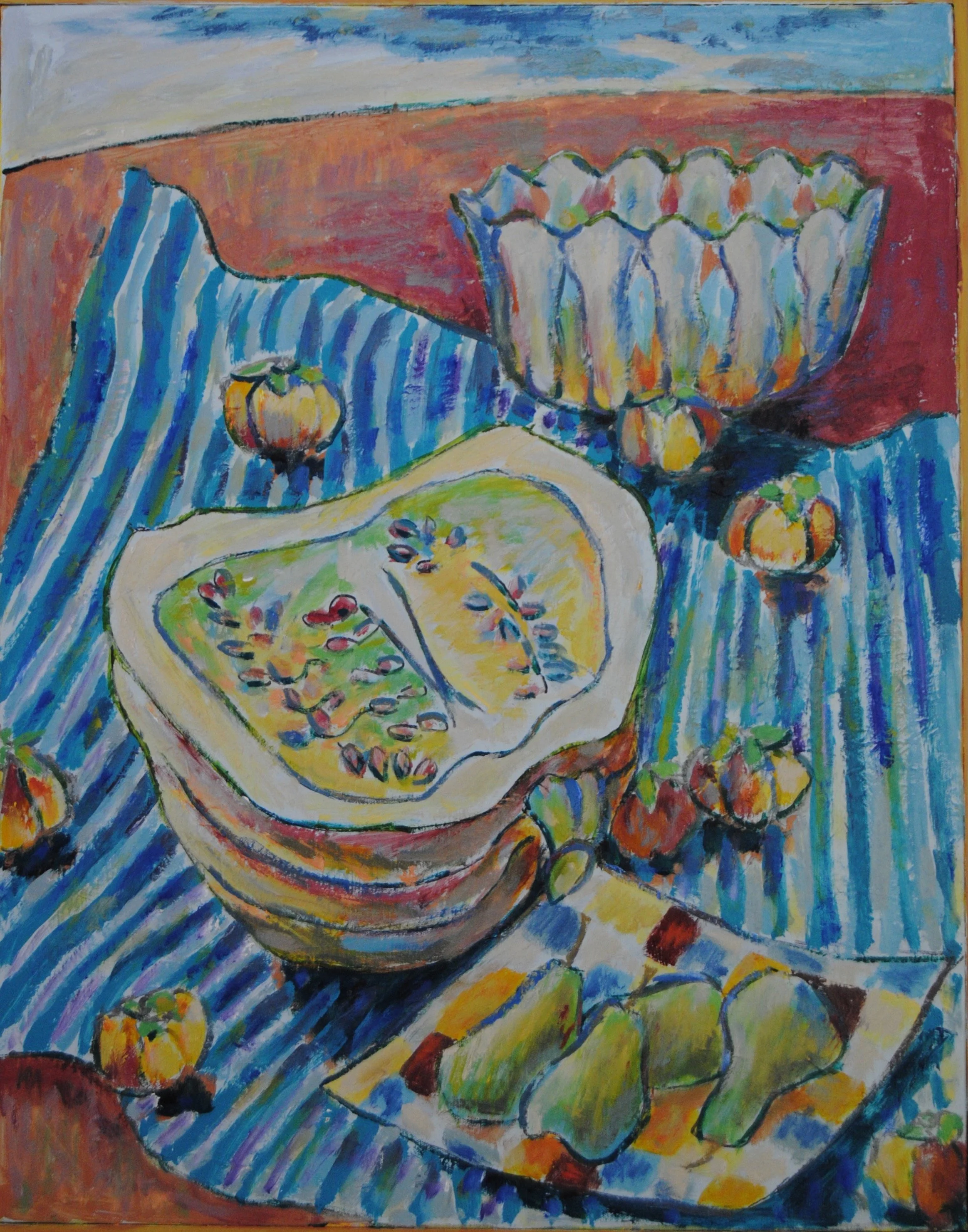 An abstract painting of a still life featuring a halved melon, a bowl with scalloped edges, and small yellow fruits, arranged on a striped cloth with vibrant colors and bold brushstrokes.