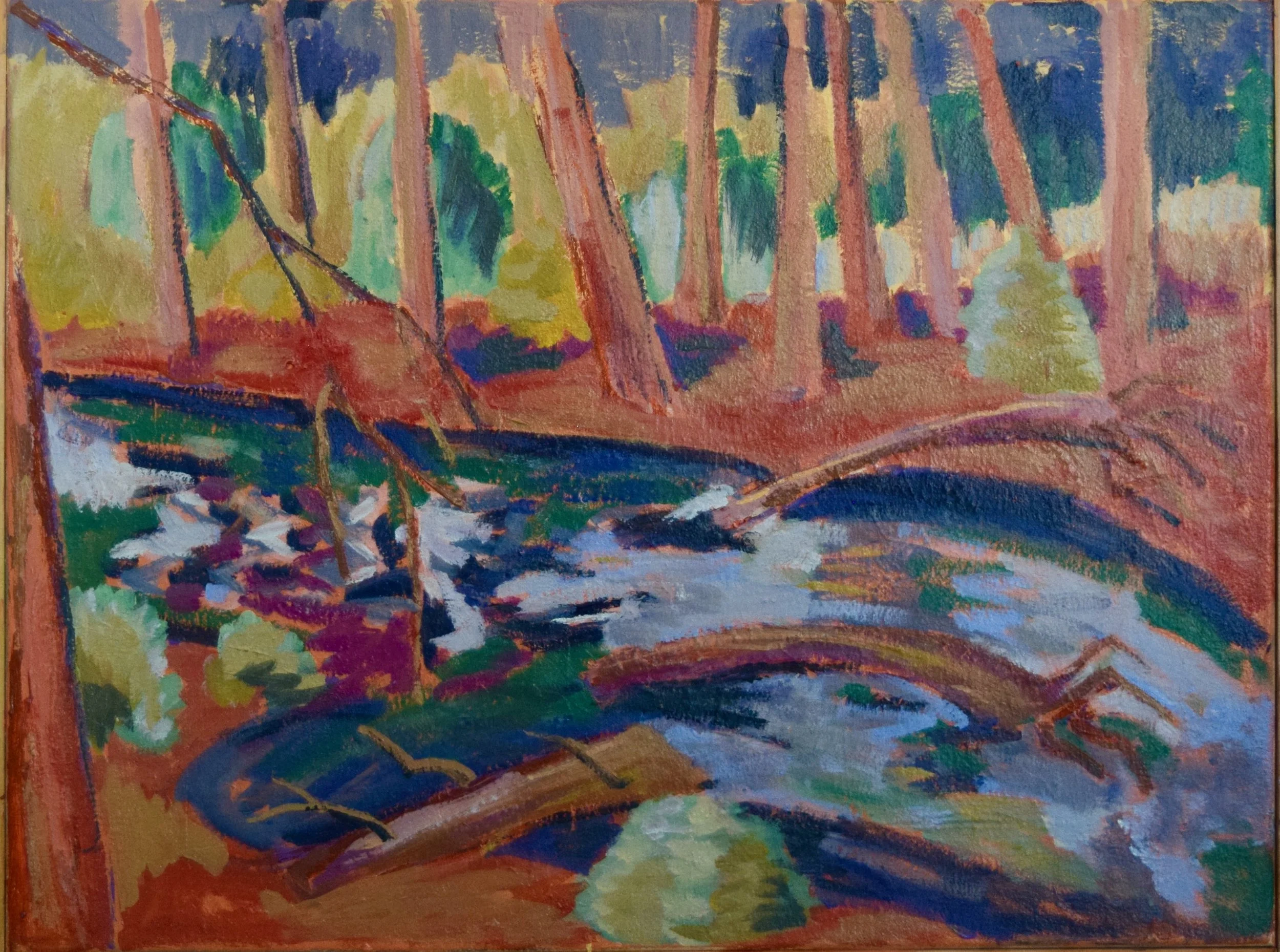 Colorful impressionist painting of a forest stream with trees, foliage, and flowing water.