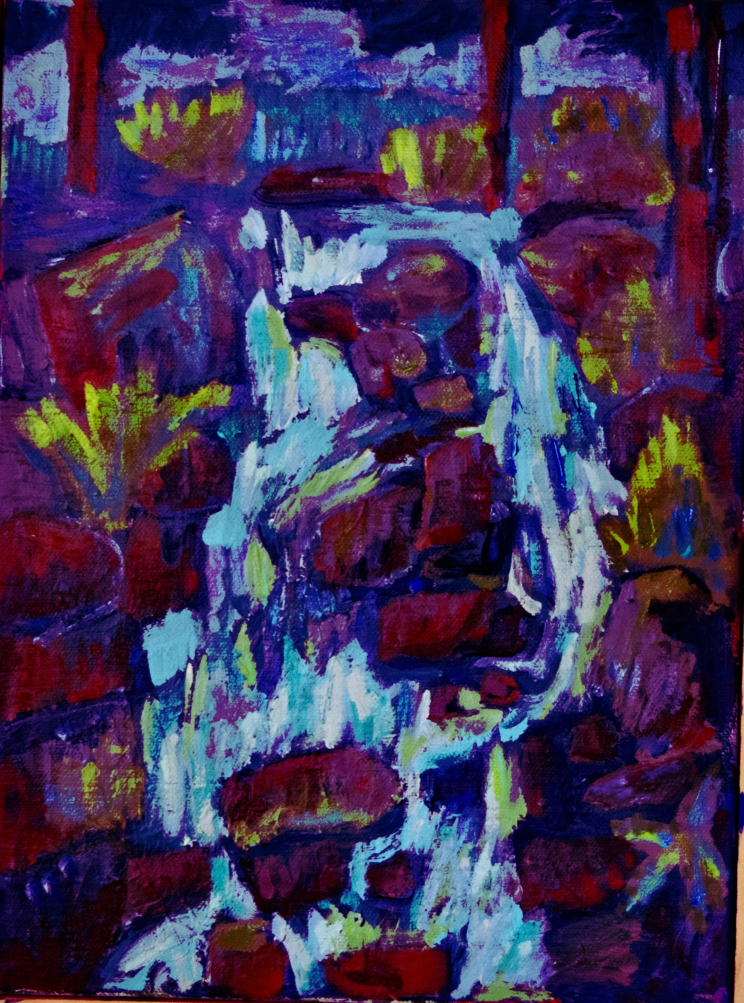 Abstract painting of a face with waterfalls, using vivid colors like red, blue, purple, white, yellow, and green.