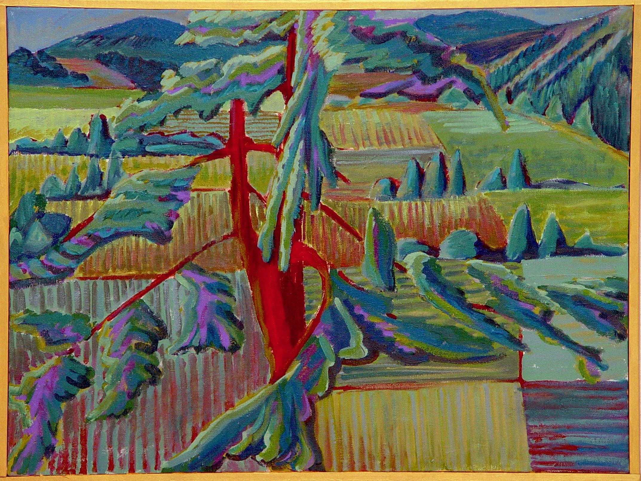 Colorful landscape painting of rolling hills, trees, and fields with a prominent red tree in the foreground.