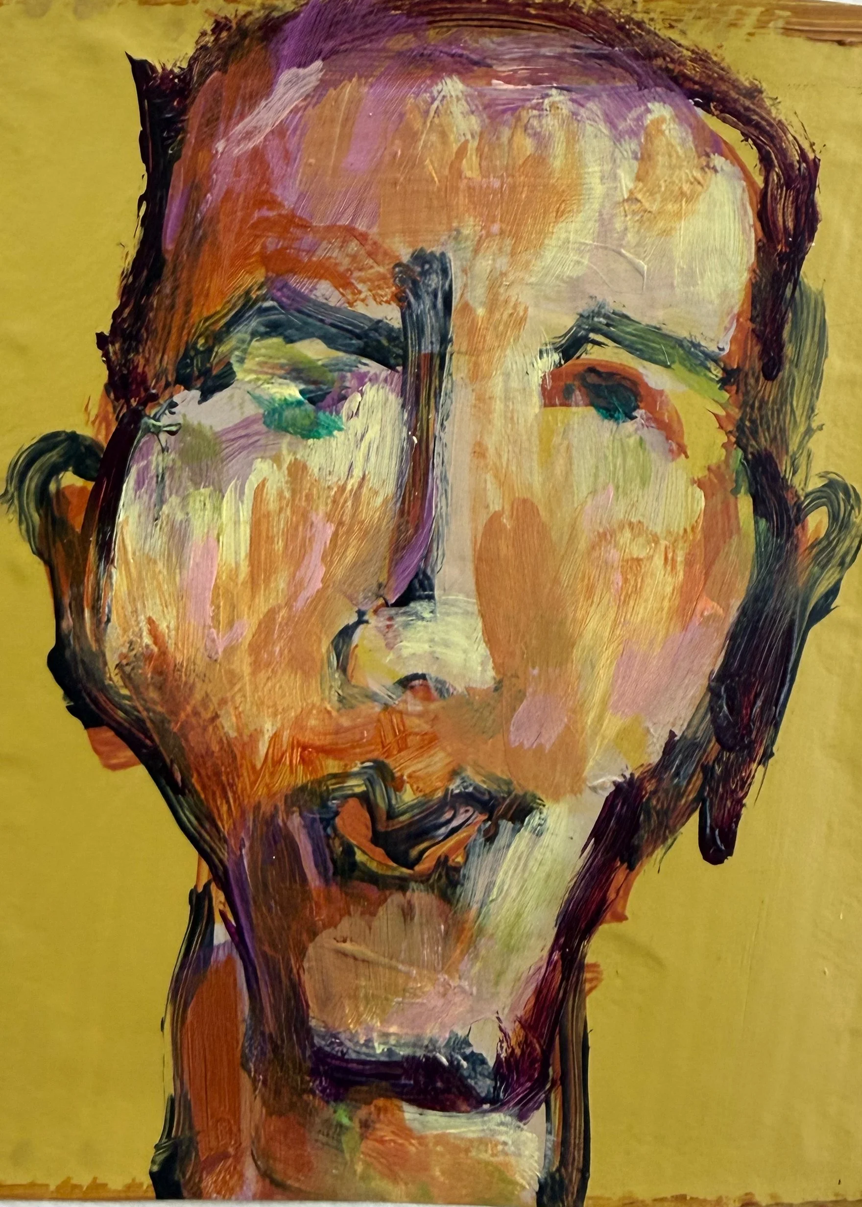 An abstract portrait of a person's face painted with thick, expressive brushstrokes in vibrant colors, set against a yellow background.