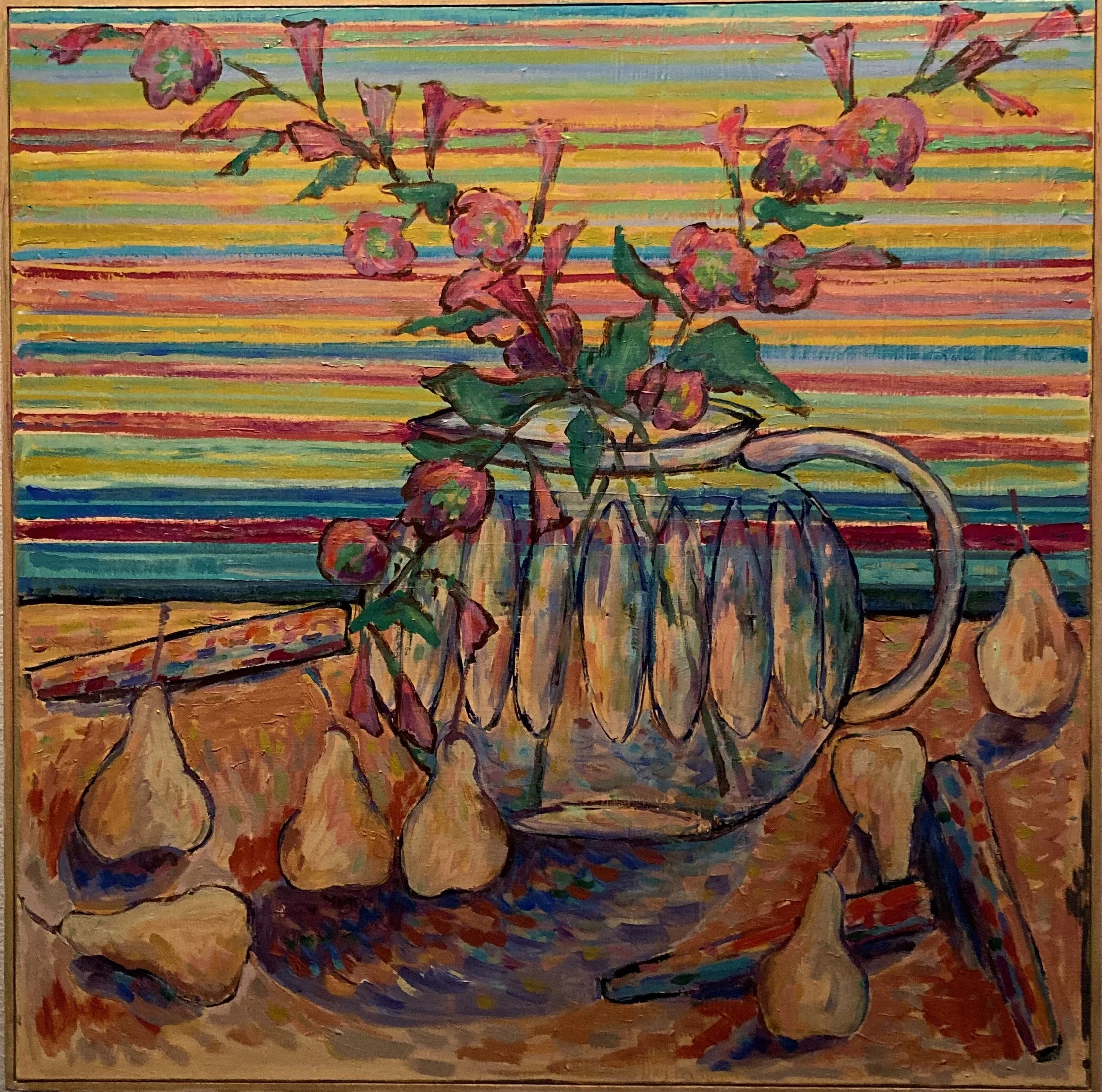 A colorful still life painting of a teapot with pink flowers and green leaves in it, surrounded by pears on a textured surface, with a background of horizontal, multicolored stripes.