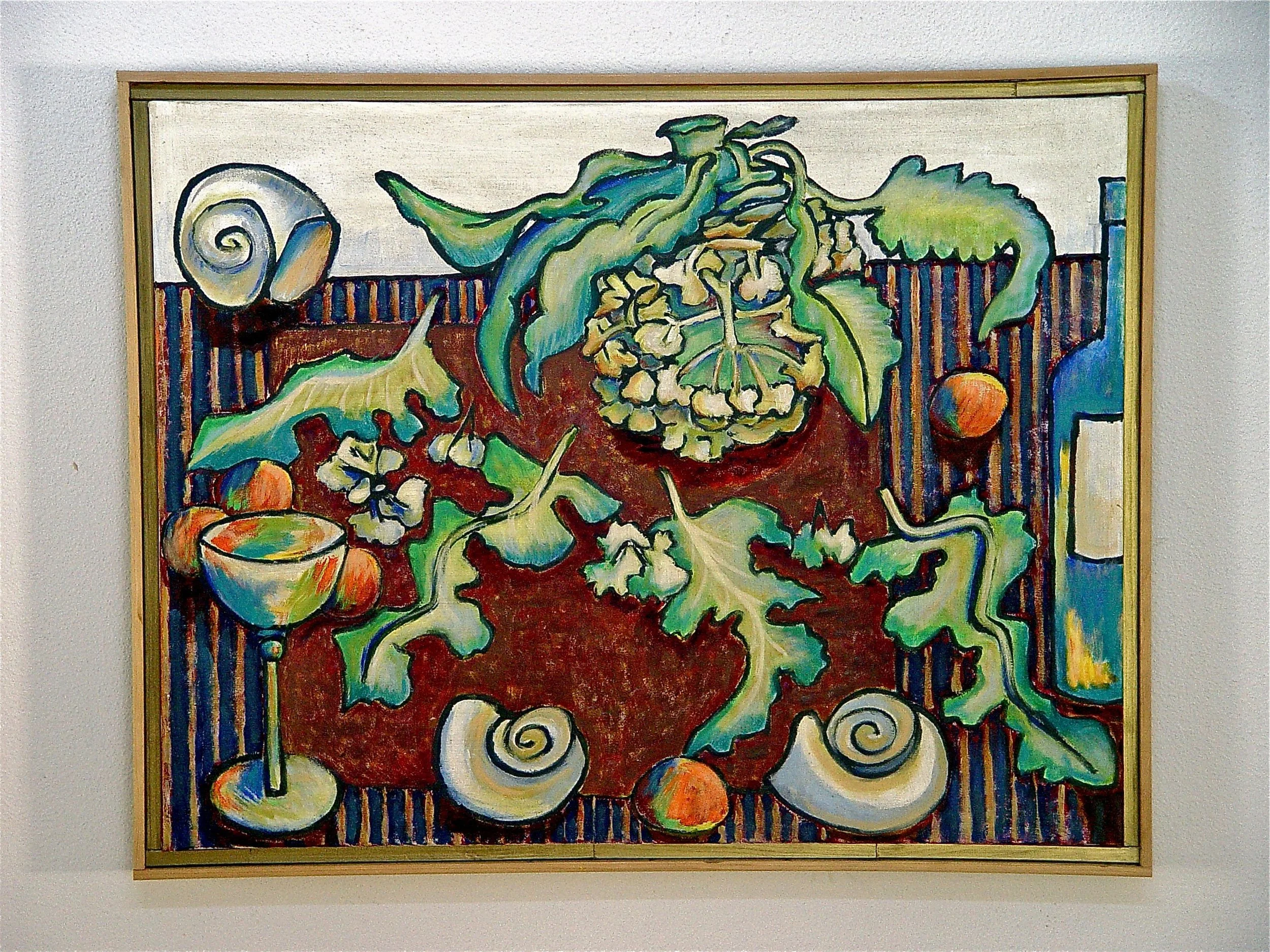 Colorful still life painting featuring seashells, leaves, flowers, a glass of wine, a bottle, and fruits on a striped tablecloth.