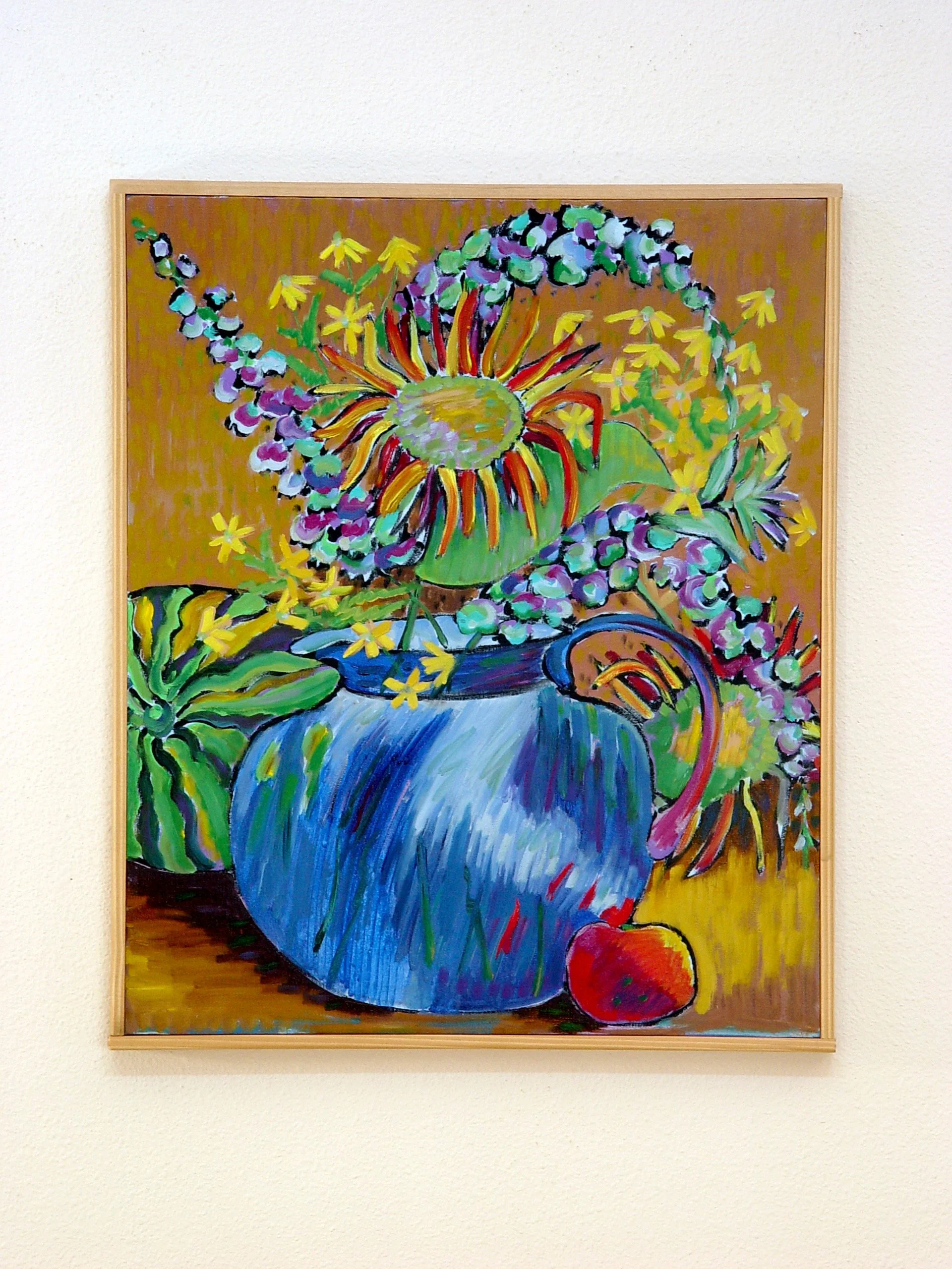 A colorful painting of a blue pitcher with a red apple at its base, filled with abstract flowers and leaves in vibrant colors.