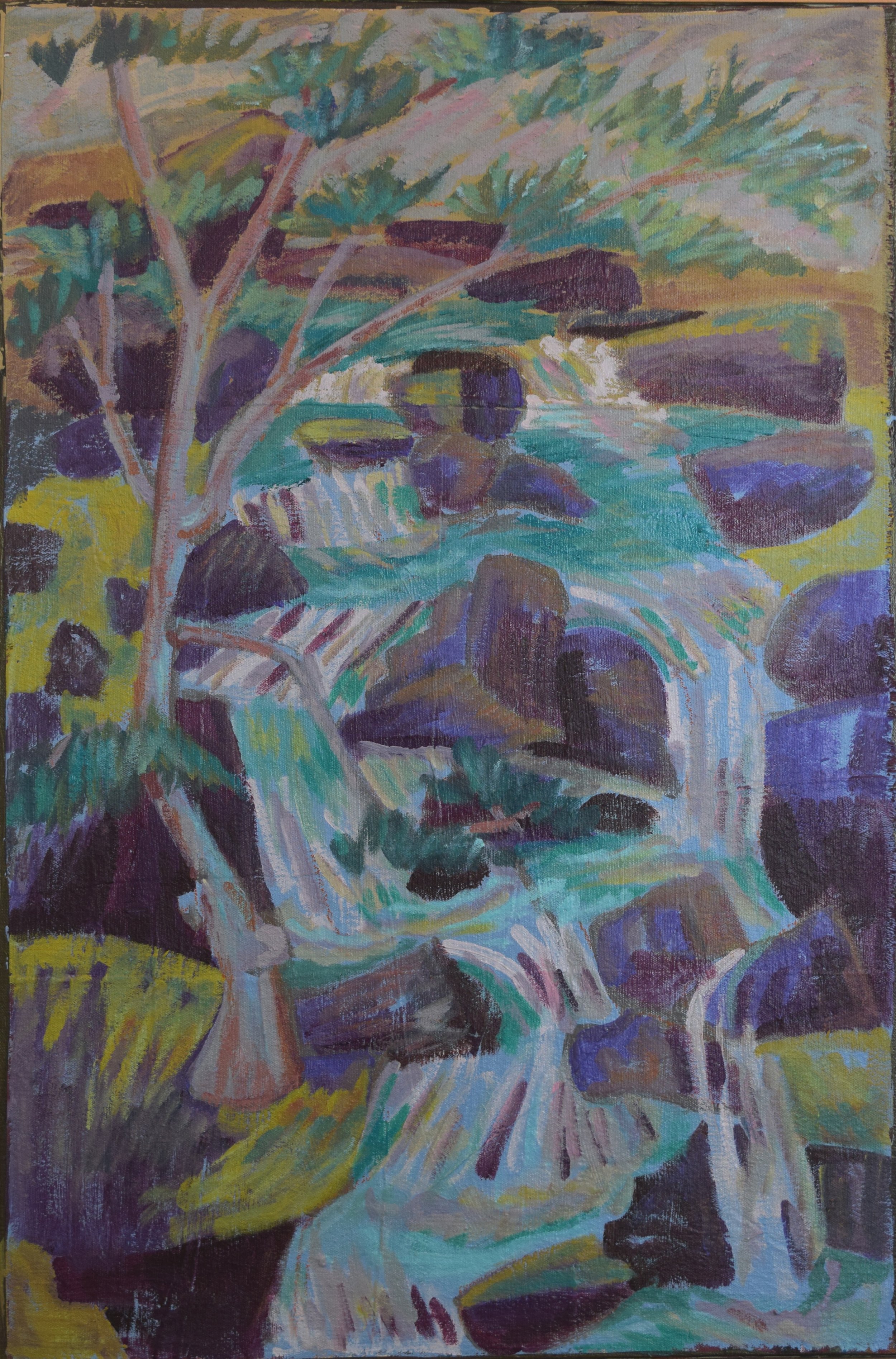 An abstract painting of a wooded area with multiple waterfalls flowing over rocks and trees, rendered in vivid colors.