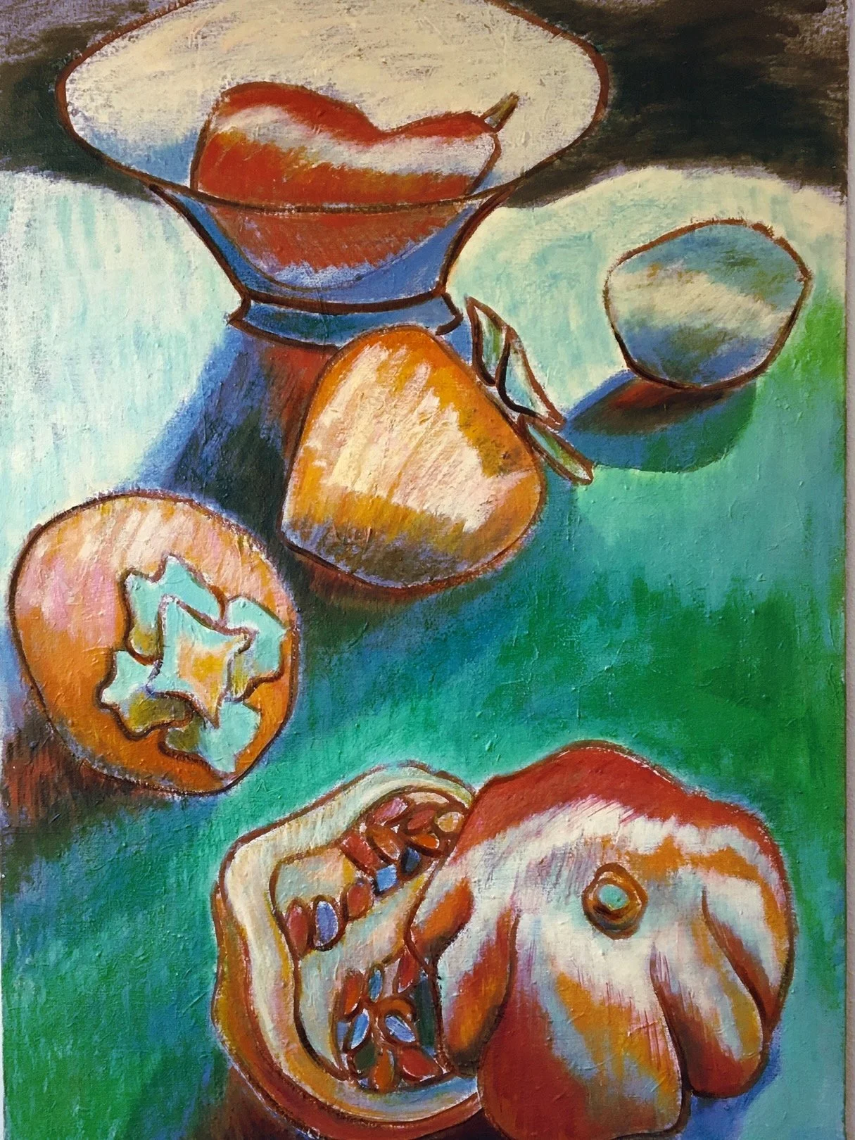 An abstract painting of fruit including a pear, apple, orange, and a bowl with a pear and an apple on a table.