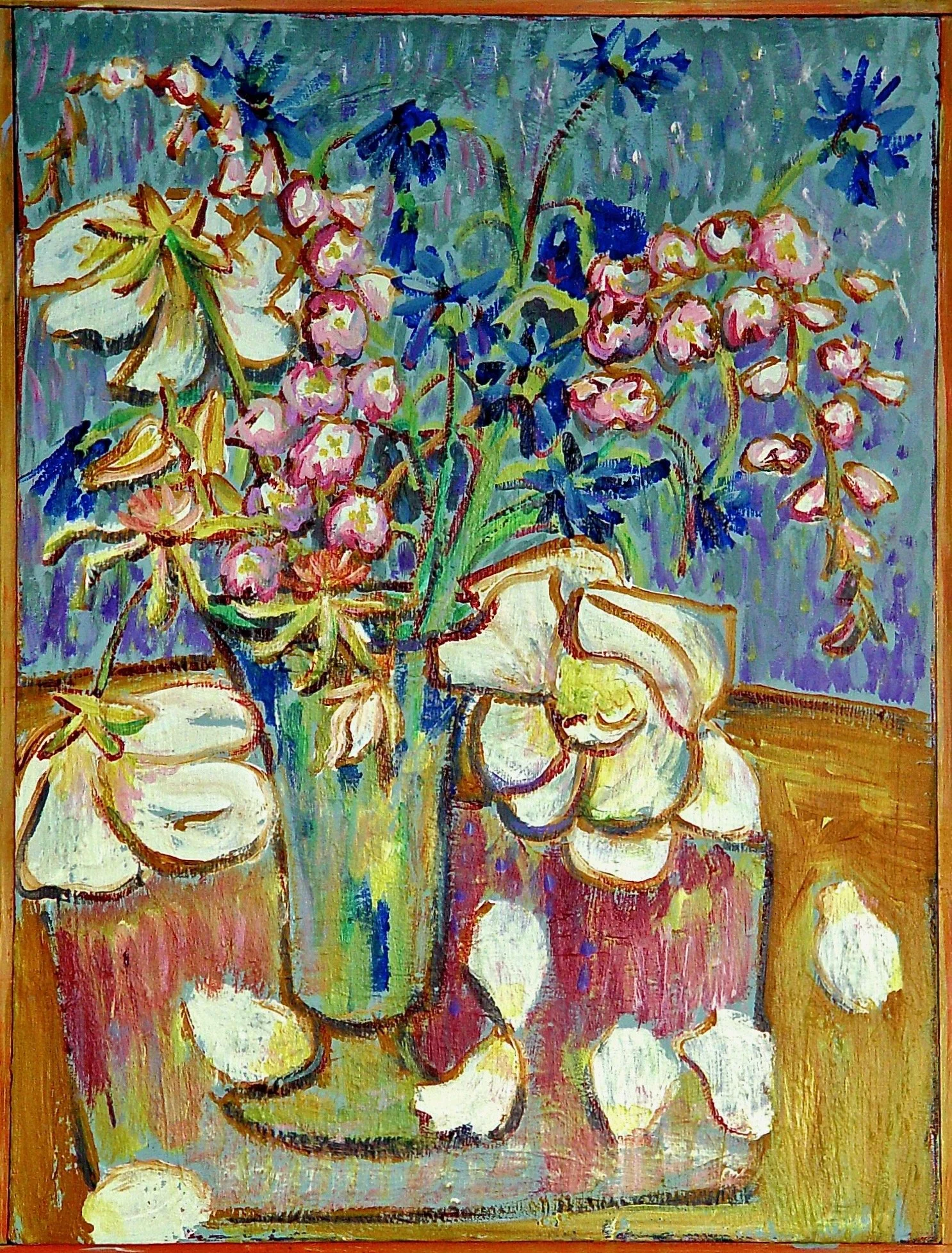 An oil painting of a flower arrangement with hyacinth and lily of the valley in a glass vase, set on a wooden table.