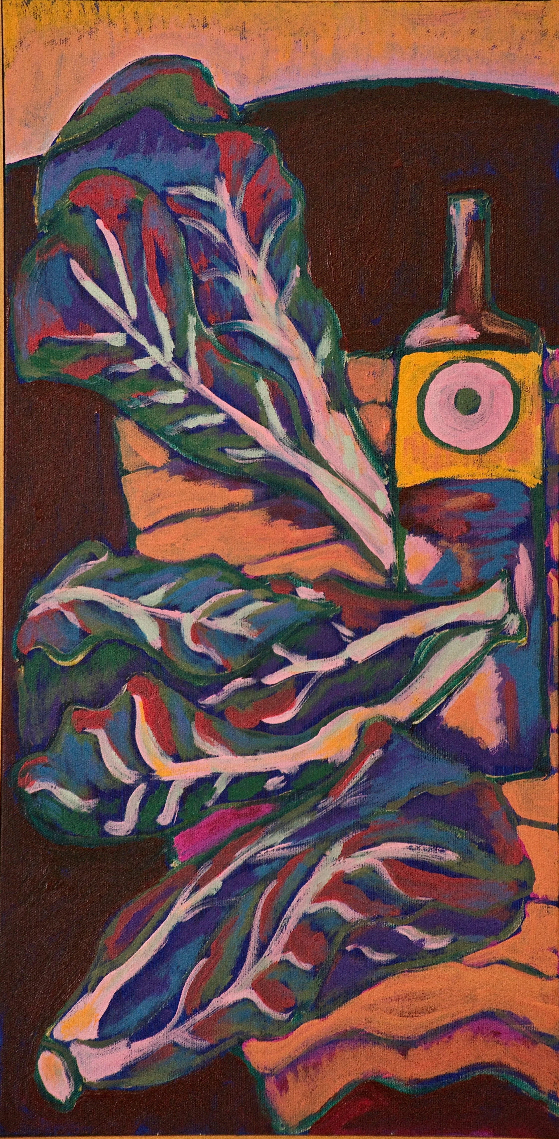 An abstract painting with colorful leaves, a bottle, and a patterned background.