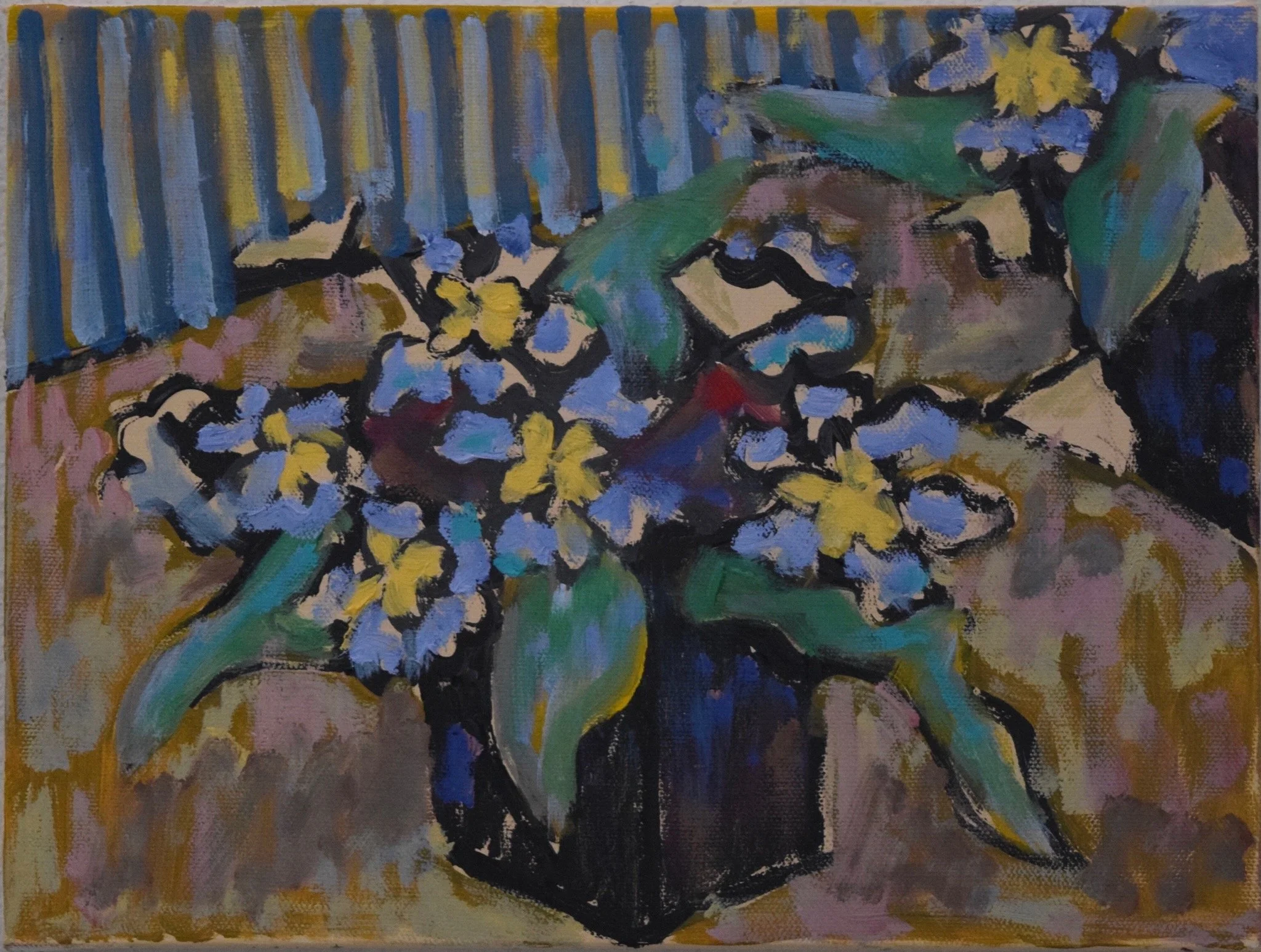 Painting of a bouquet of purple, yellow, and blue flowers in a black vase on a table, with a background of blue and yellow vertical stripes.
