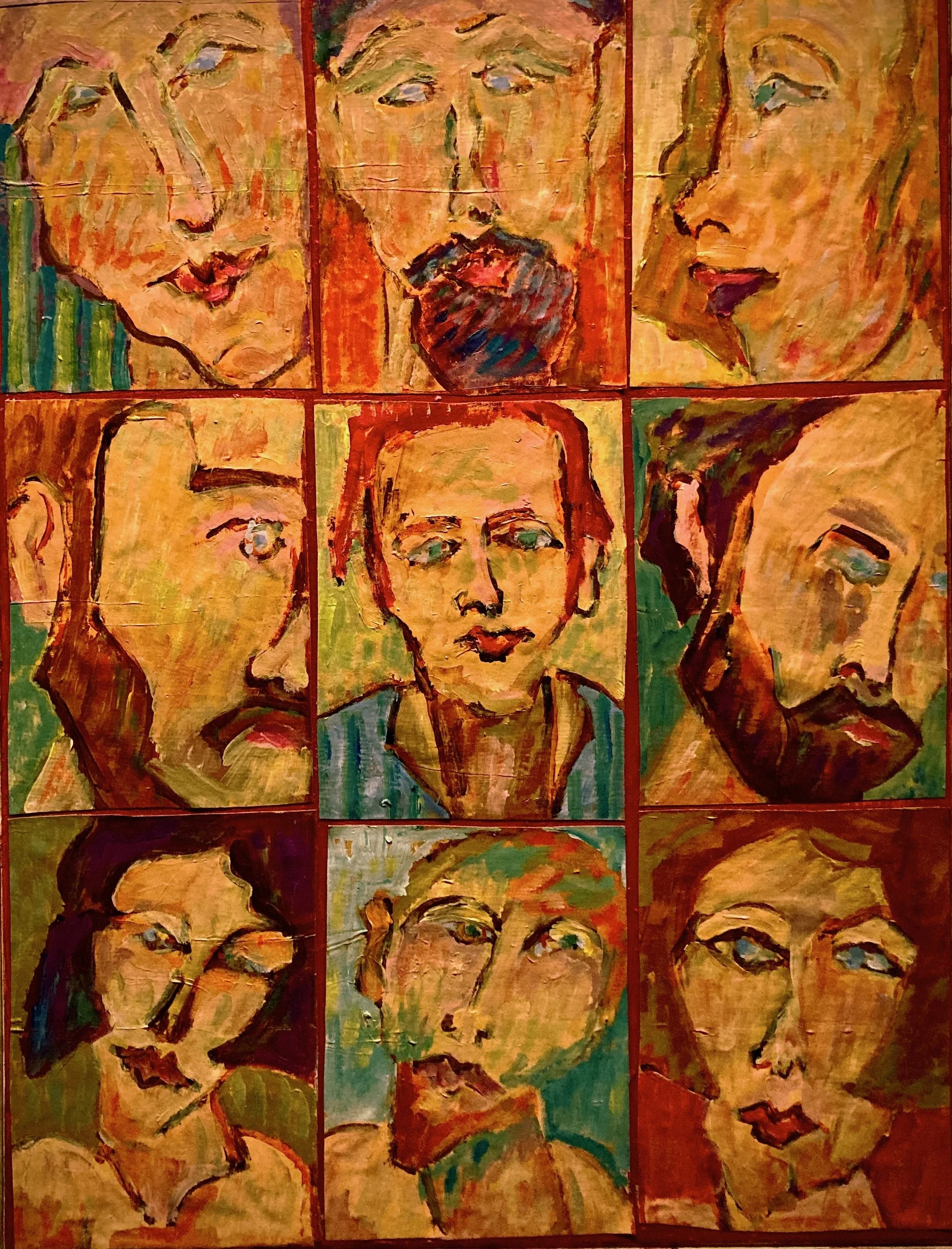 A colorful grid of nine abstract portrait paintings featuring various facial expressions and features.
