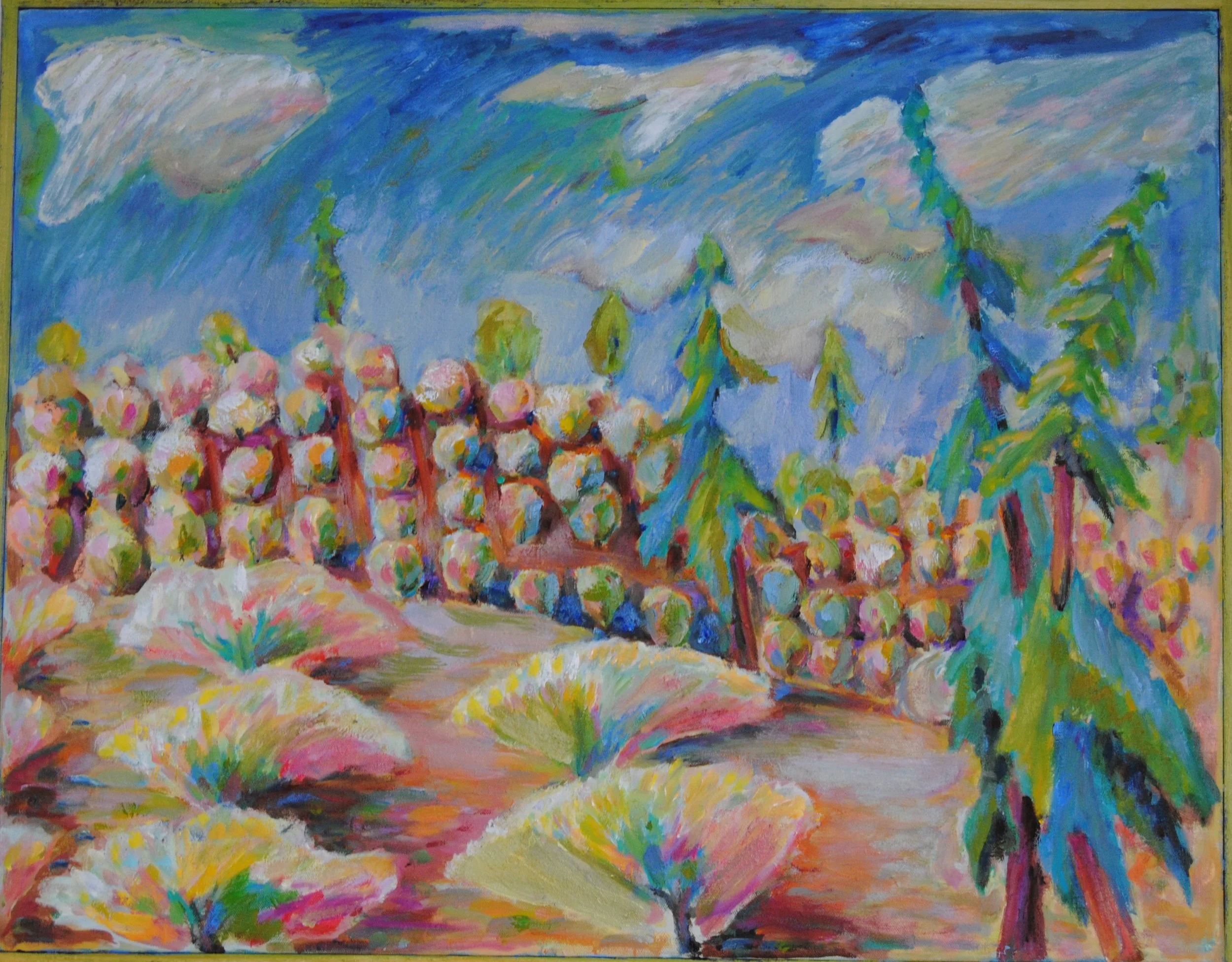 A colorful landscape painting depicting a vineyard with grapevines, trees, and a cloudy sky in a post-impressionist style.