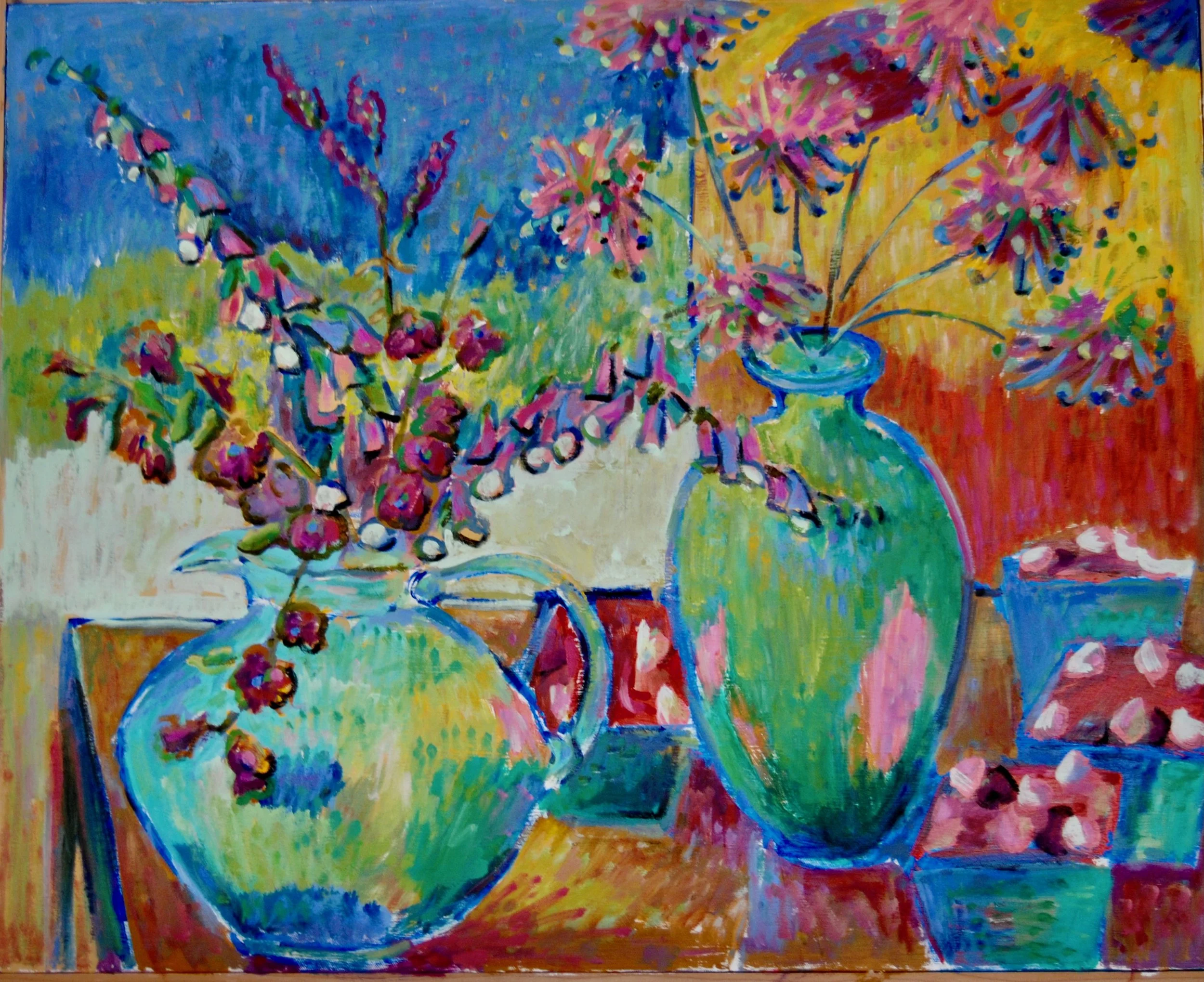 Colorful still life painting of two vases with flowers on a table, with a bowl of cherries and a vibrant, abstract background.