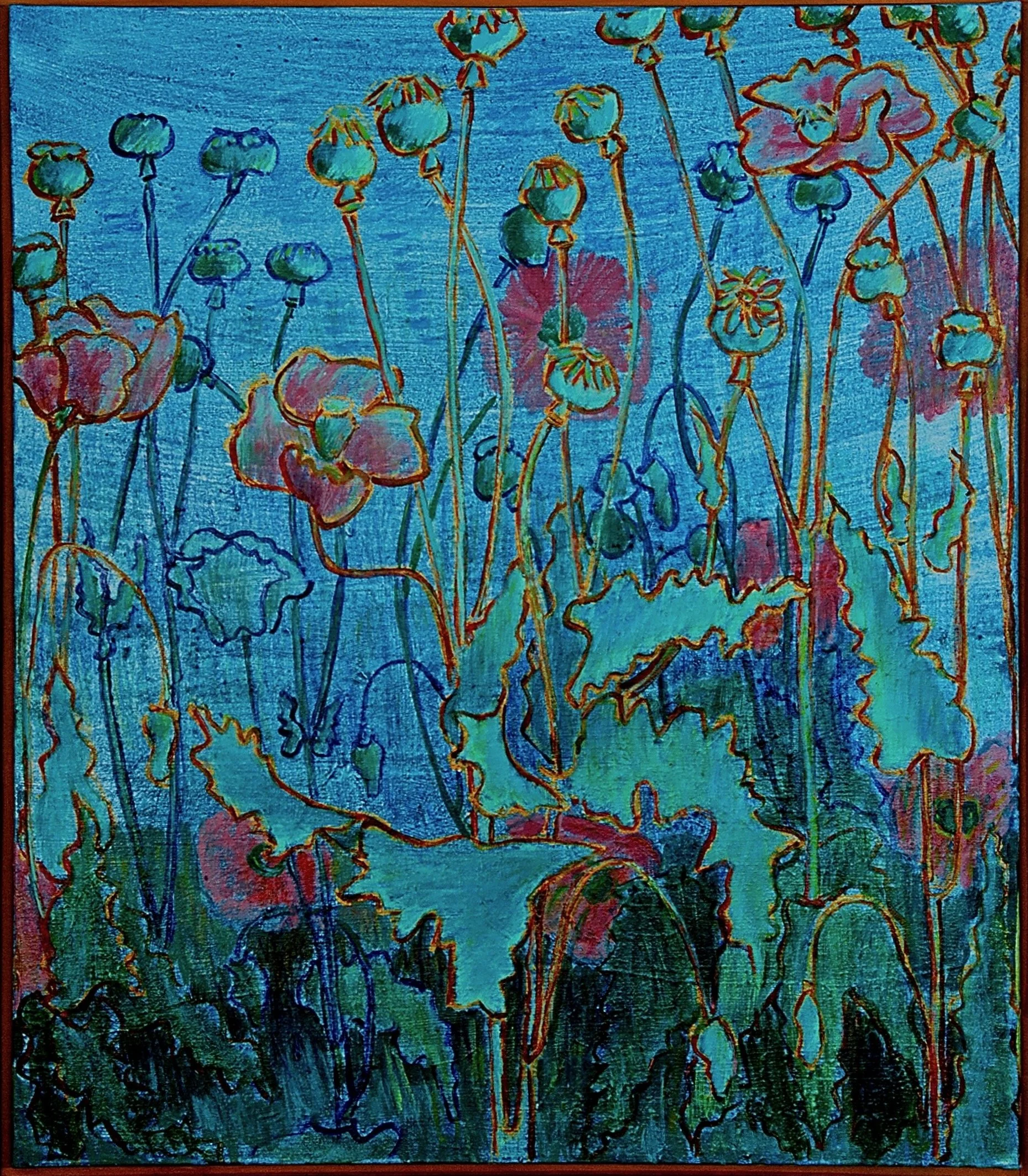 Colorful abstract drawing of flowers with large leaves against a blue background.