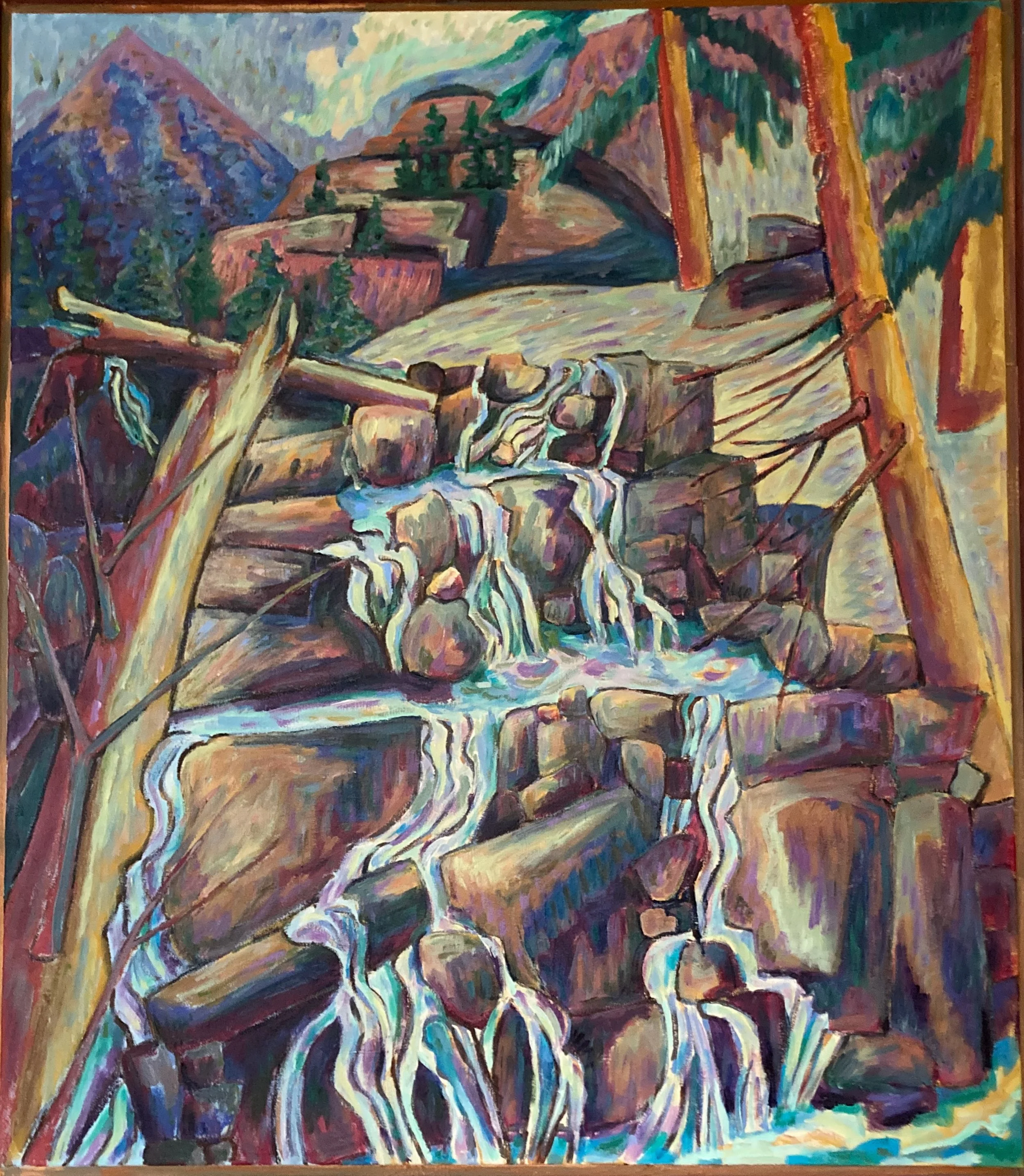 Colorful landscape painting of a mountain scene with a stream flowing over rocks, surrounded by trees and forested hills in the background.