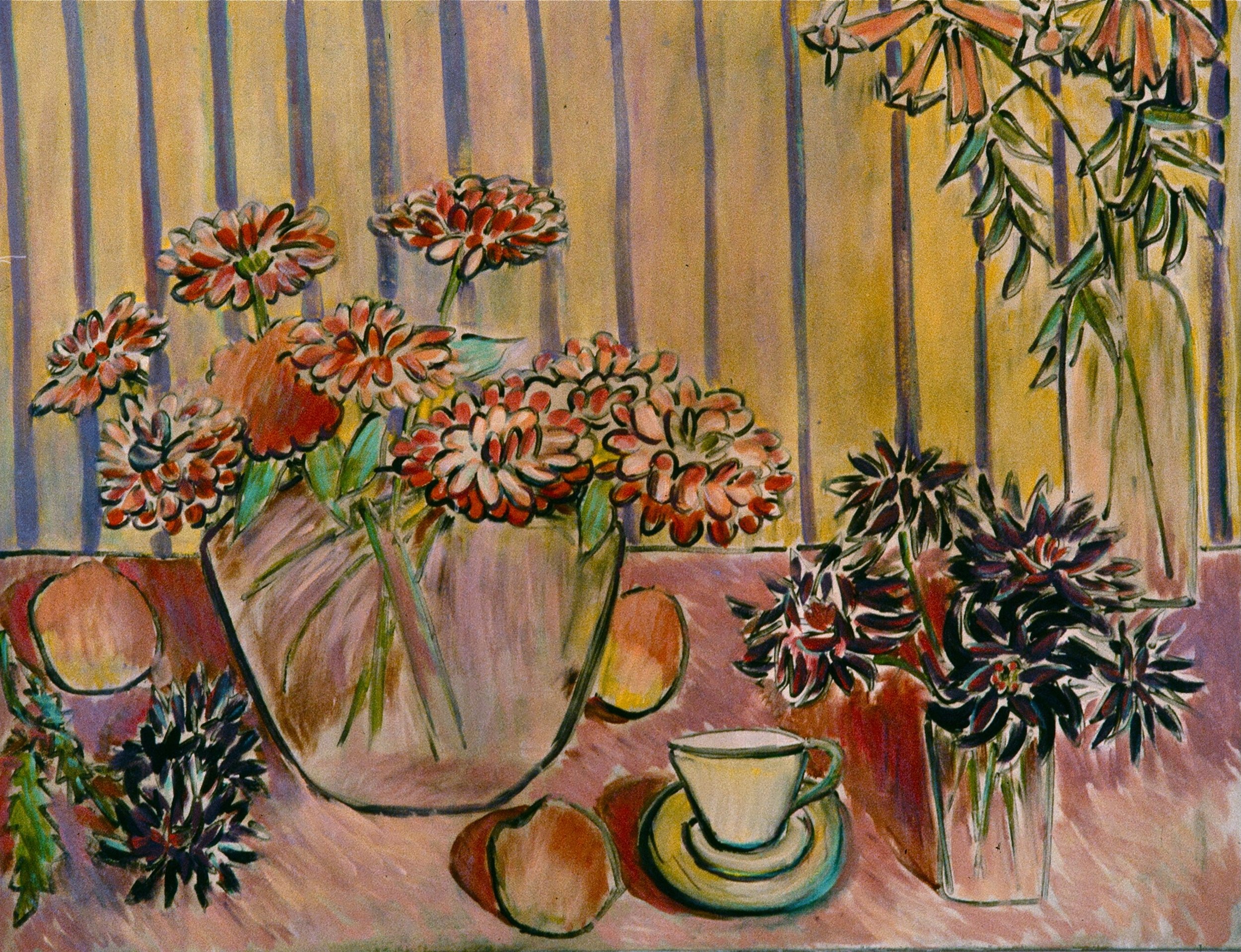 Colorful still life painting of a table with a large vase of red and pink flowers, a small teacup and saucer, and peaches, set against a yellow backdrop with vertical purple stripes.
