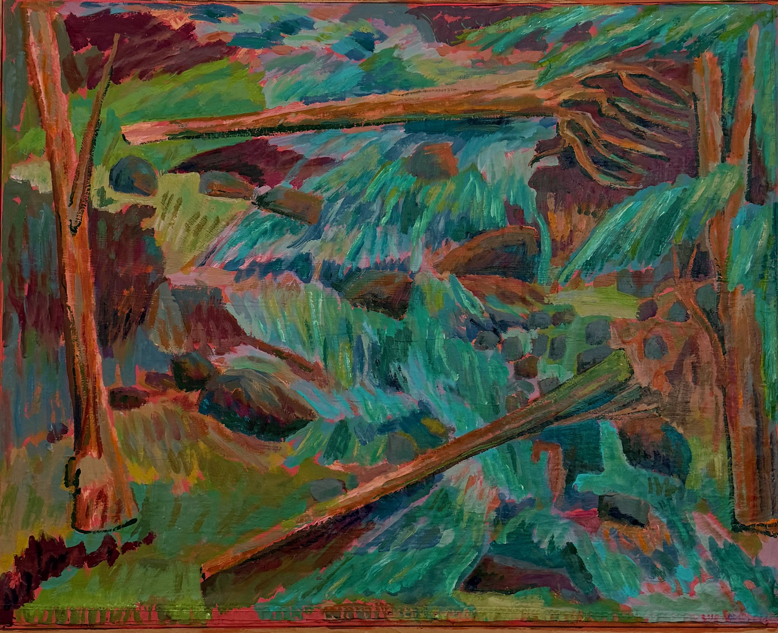 A colorful abstract painting of a forest scene with a stream, trees, rocks, and green foliage.