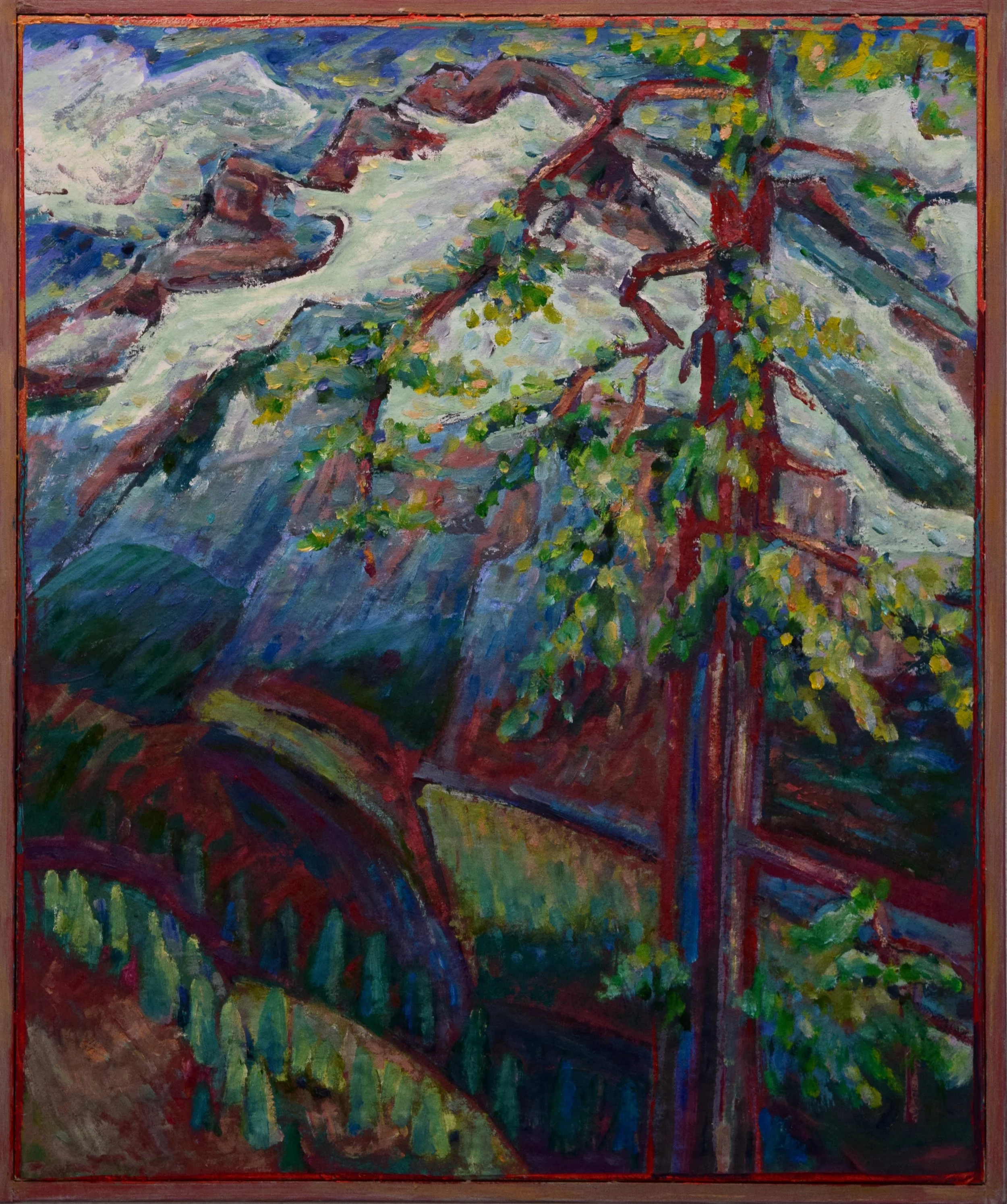 An abstract painting of a mountain scene with a tree and waterfall, using vibrant colors and bold brushstrokes.