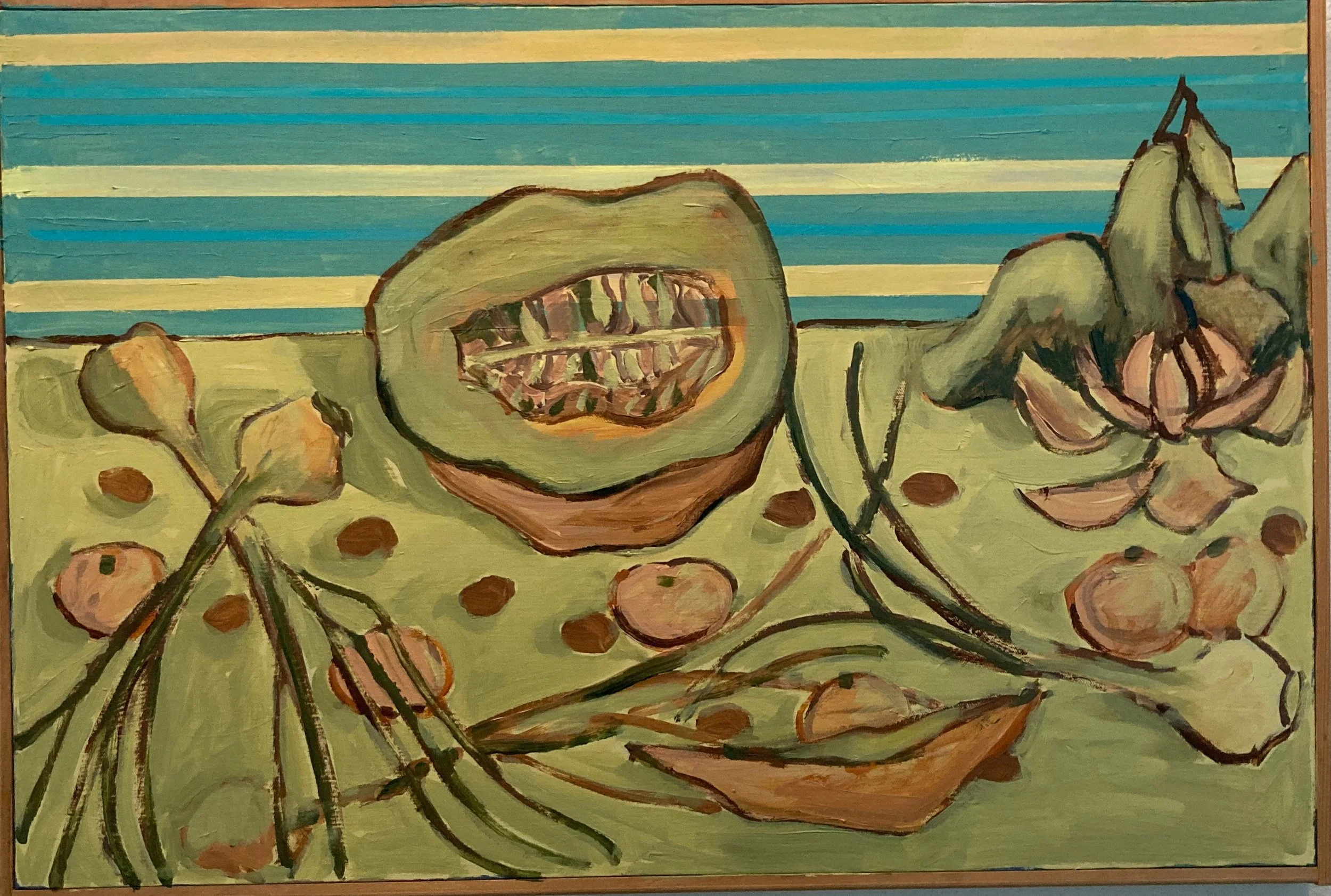 Painting of a still life with a melon, grapes, and fig leaves on a green surface against a blue sky with horizontal white and blue stripes.