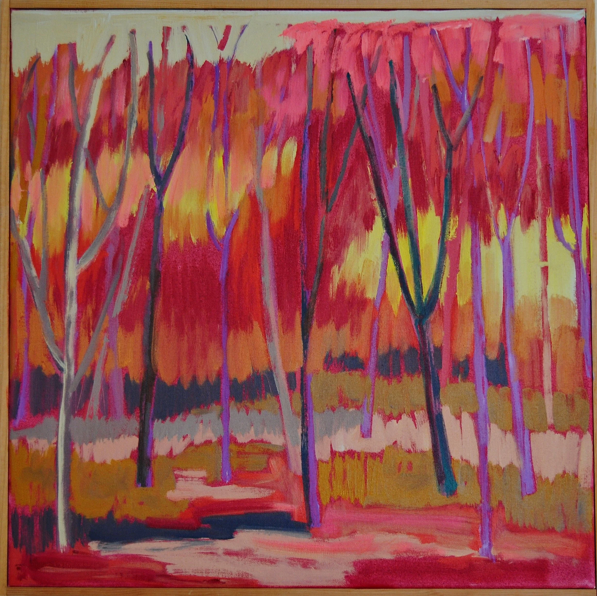 An abstract painting of a forest with colorful trees in shades of red, orange, yellow, purple, and gray, with a pathway leading through the scene.