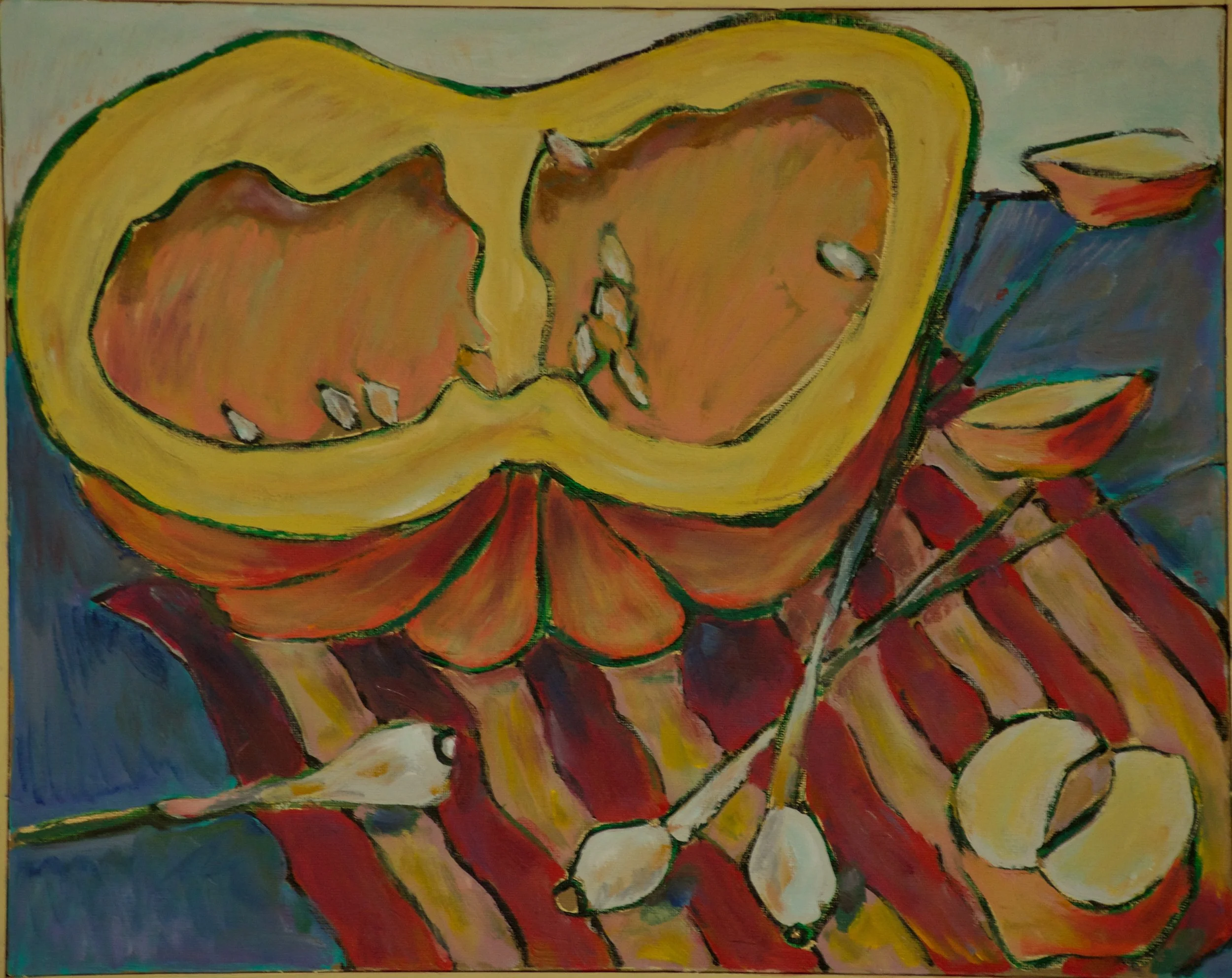 Colorful abstract painting of a sliced yellow and orange pumpkin with various gourds and leaves around it.