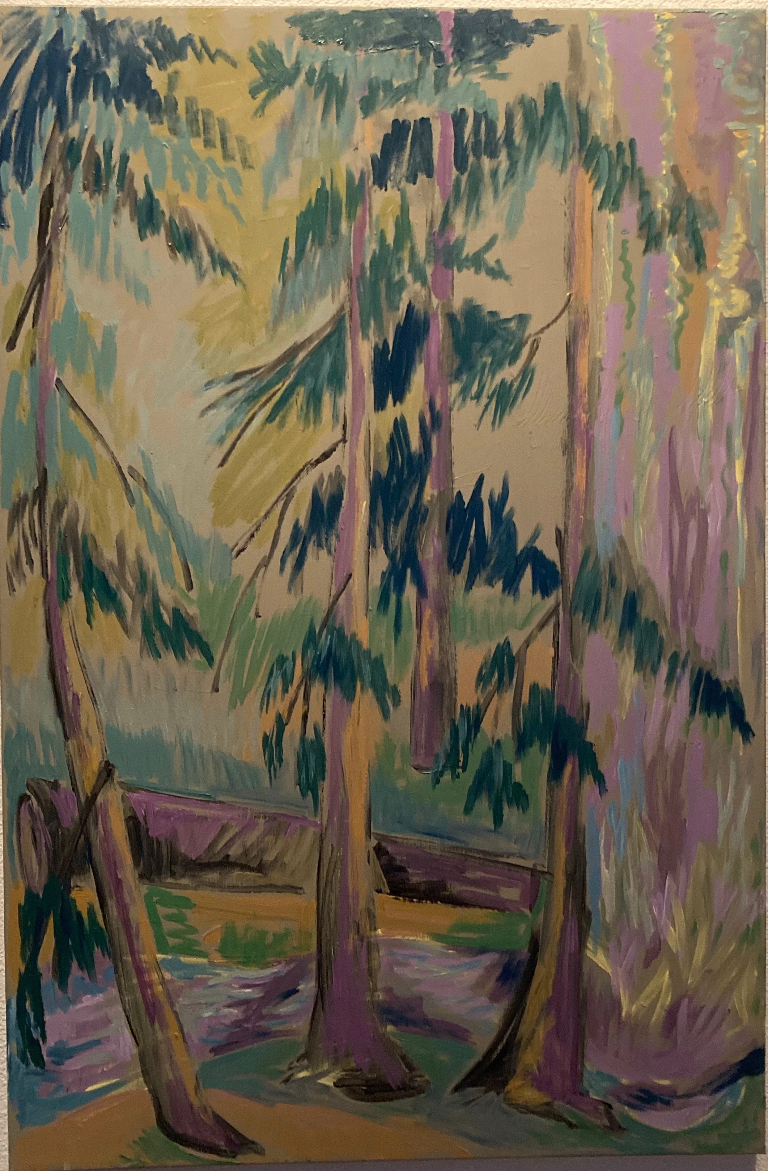Painting of a forest scene with tall trees and green foliage
