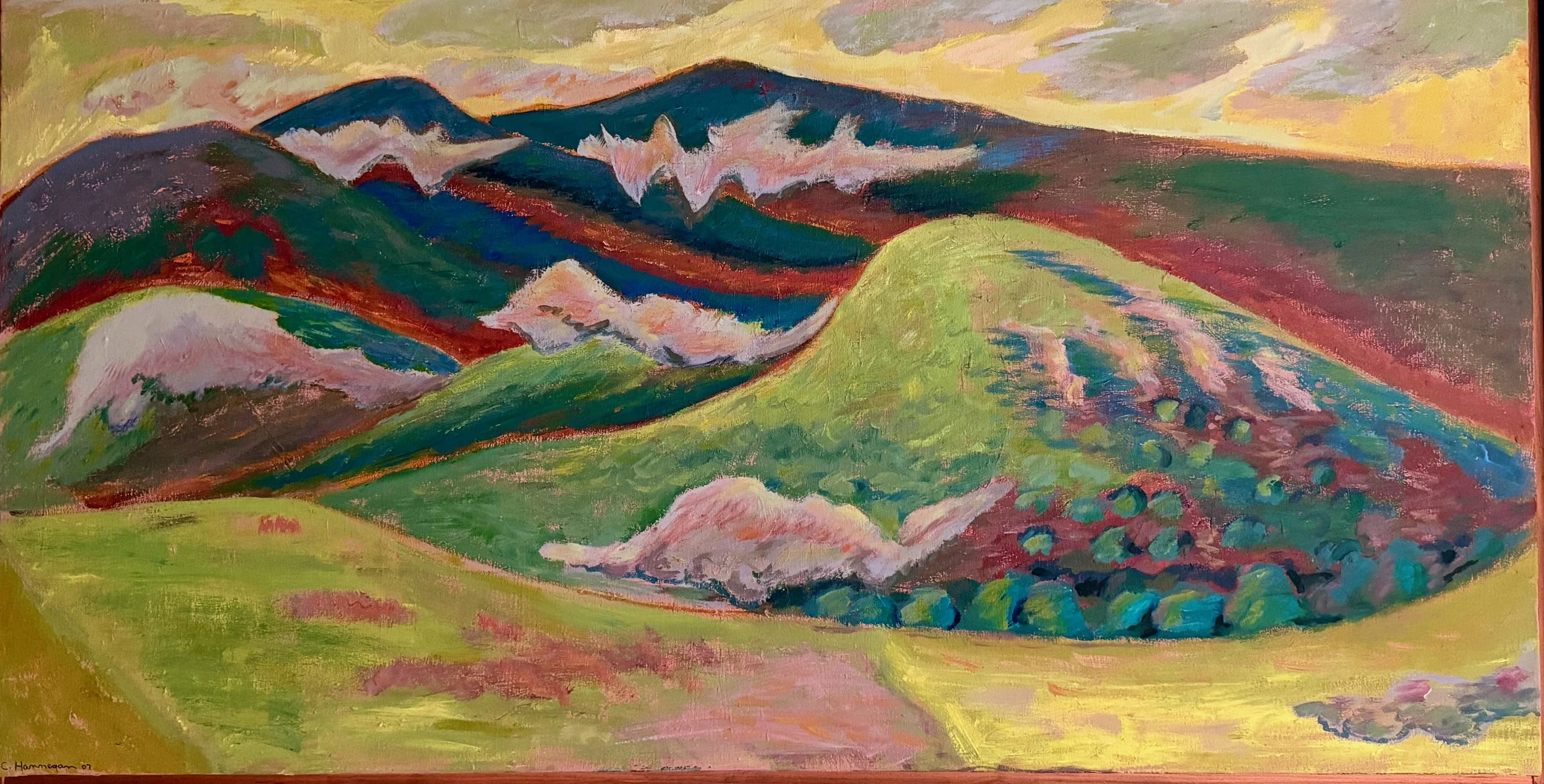 Abstract painting of rolling hills and mountains with vibrant colors in shades of green, blue, pink, and purple, under a multicolored sky.