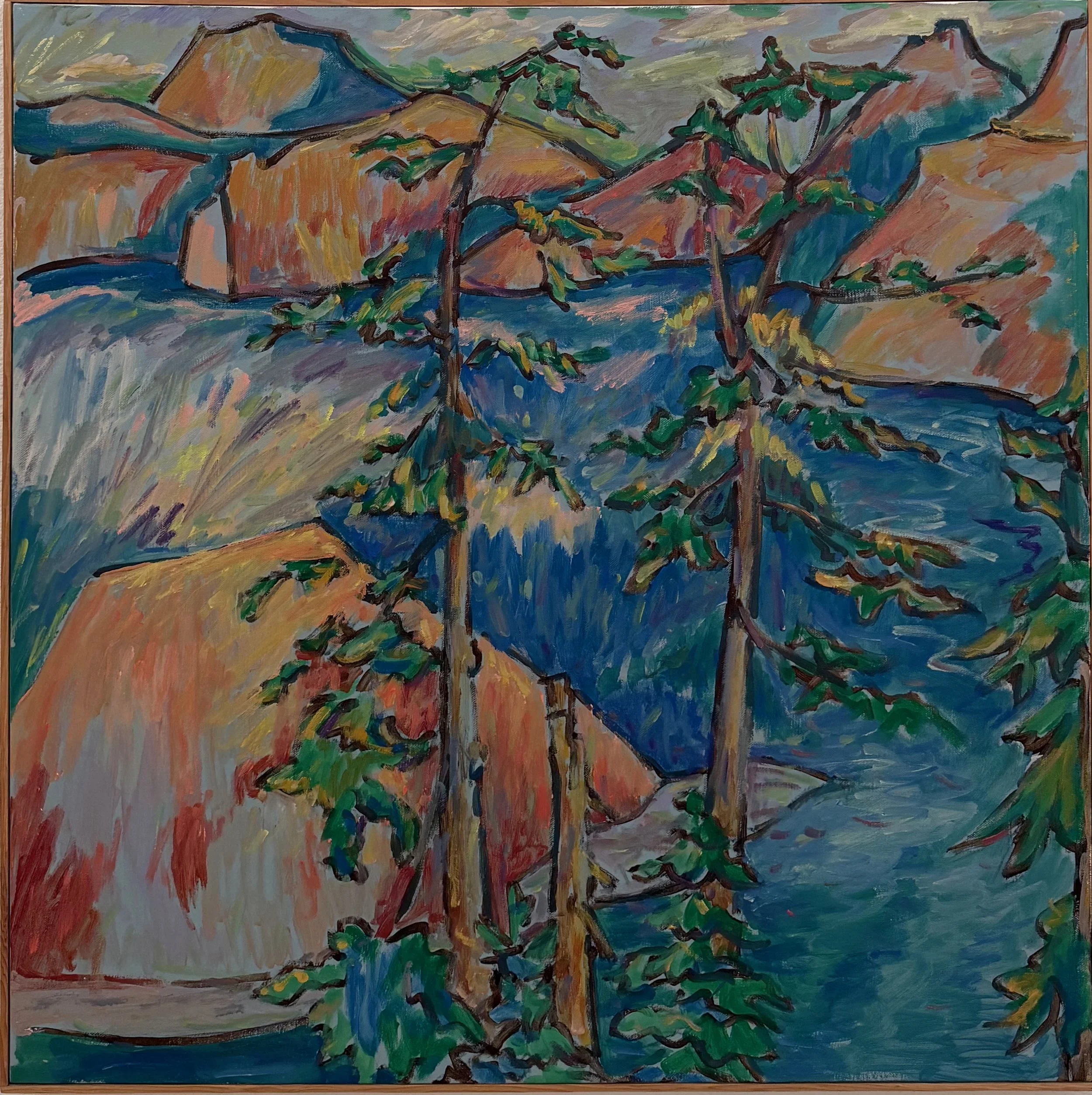 A colorful landscape painting of trees, mountains, and water, with visible brushstrokes and vibrant colors.