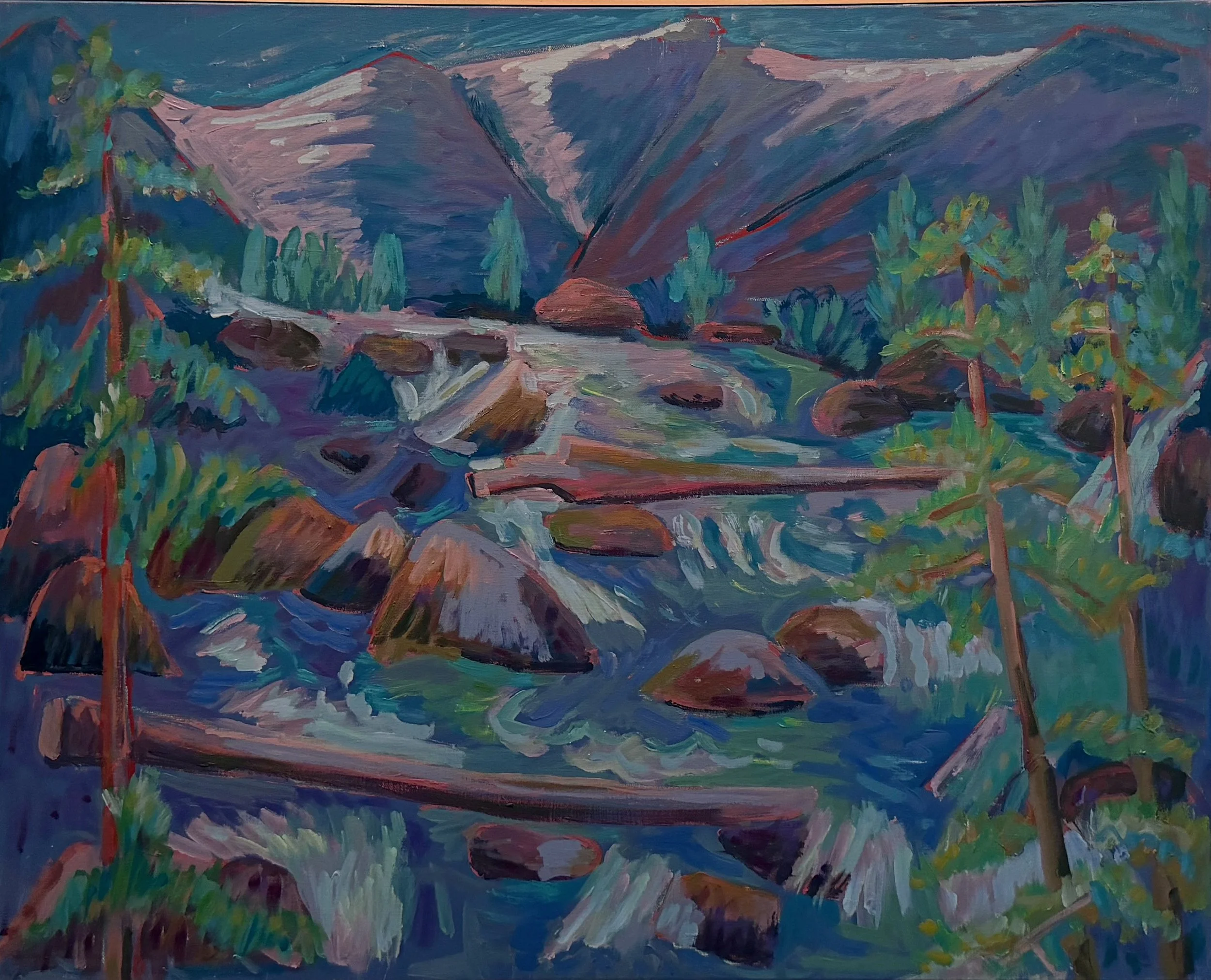 A colorful impressionist painting of a mountain landscape with a river flowing over rocks and surrounded by trees.