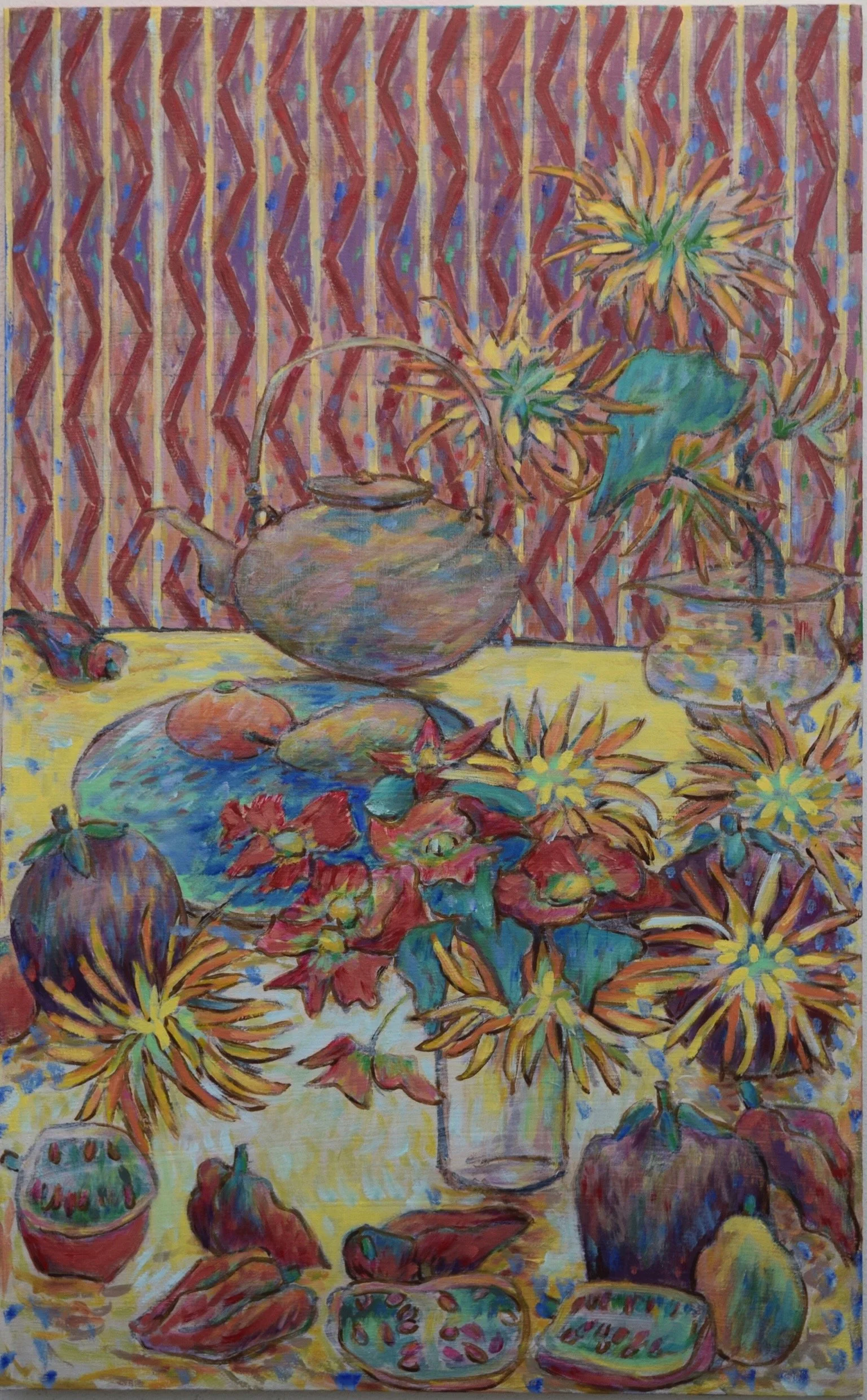 Colorful impressionist still life painting of a table with flowers, fruits, and decorative objects against a patterned background.