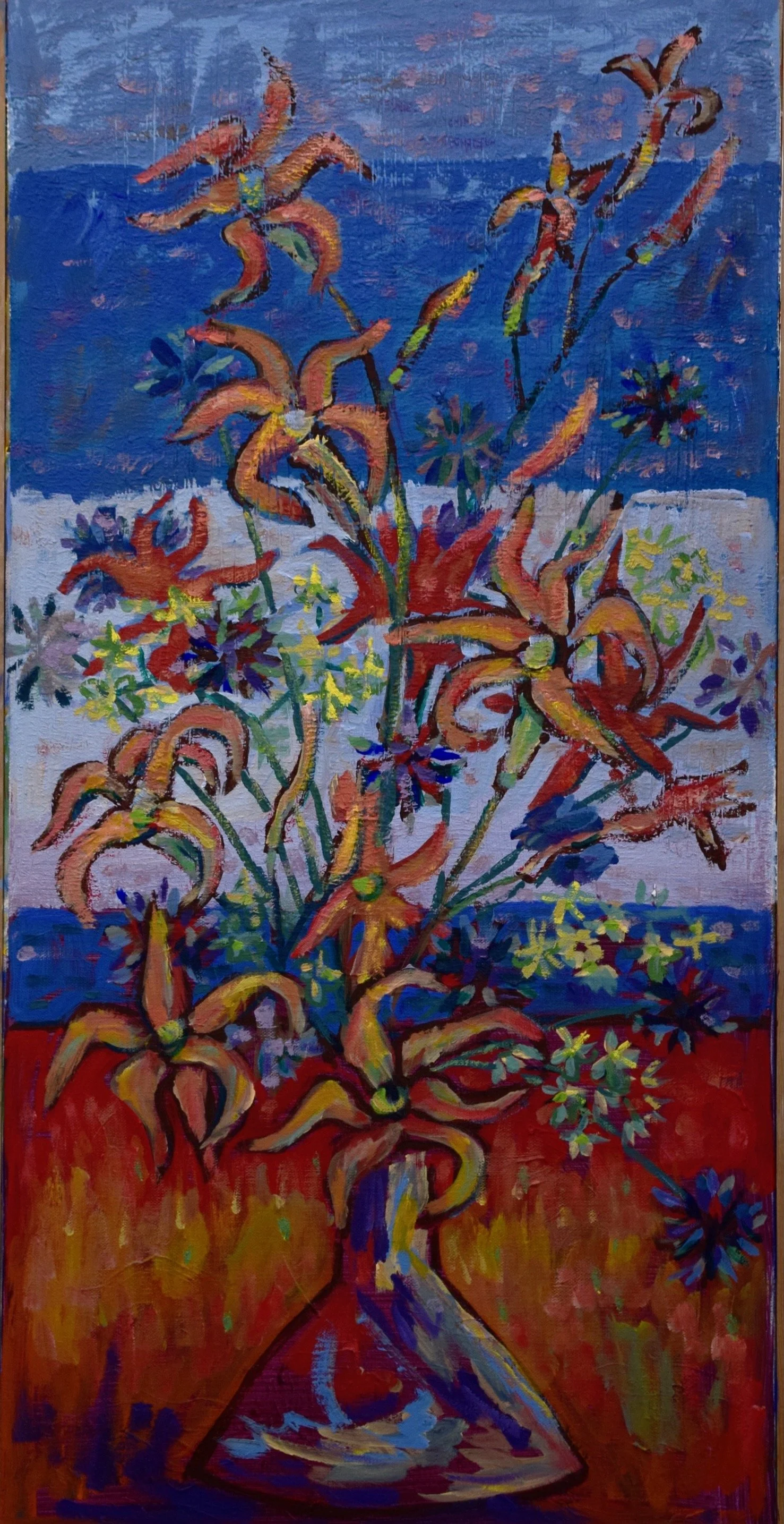 A colorful painting of a vase with a bouquet of large, orange and yellow flowers with curved petals and green accents, set against a vibrant background with blue sky and abstract greenery.