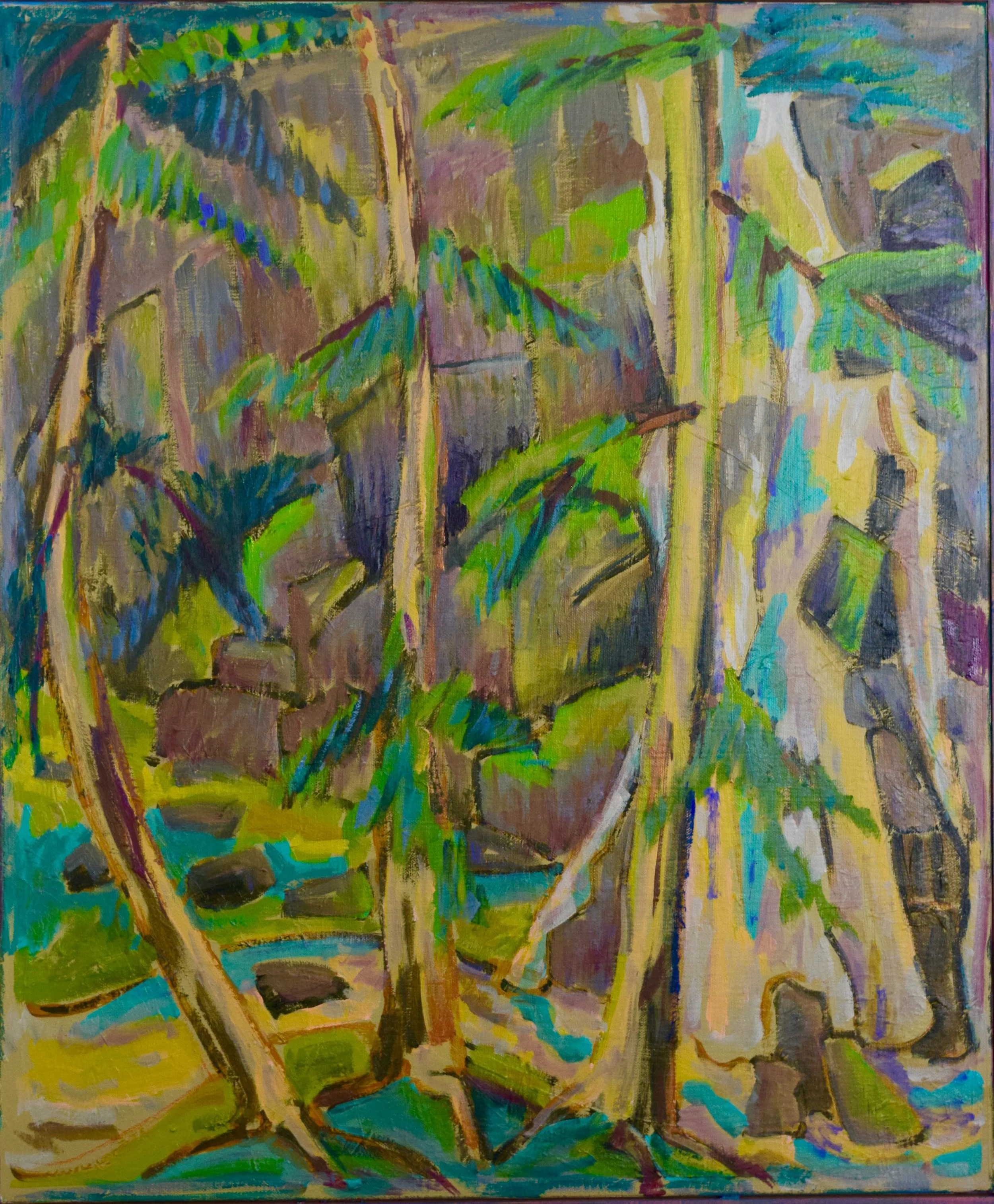 Abstract painting of trees and a pathway with vivid green, brown, and yellow colors.