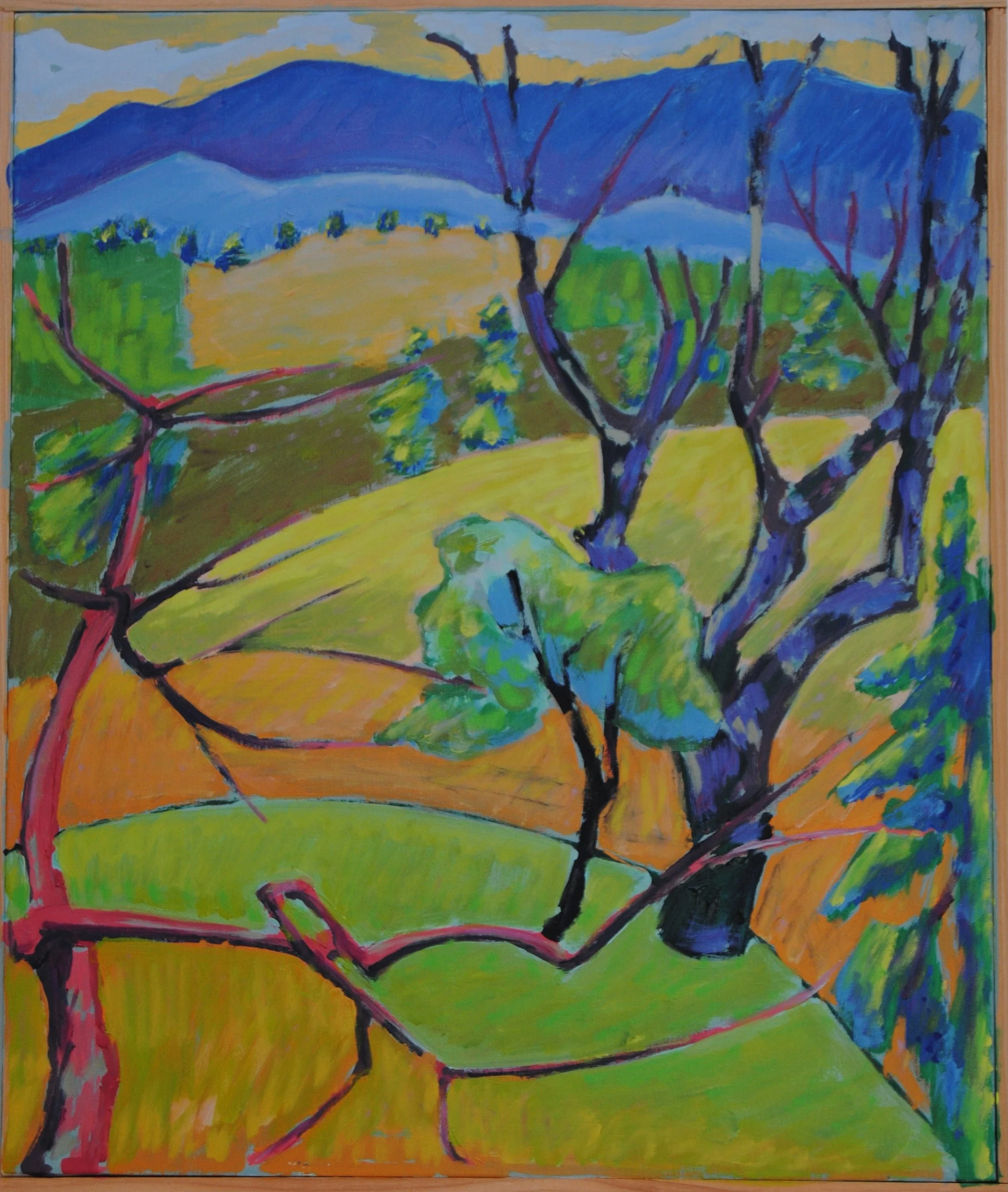 A colorful landscape painting of rolling hills, trees with branches and green leaves, and distant mountains in the background, created with bold brushstrokes.