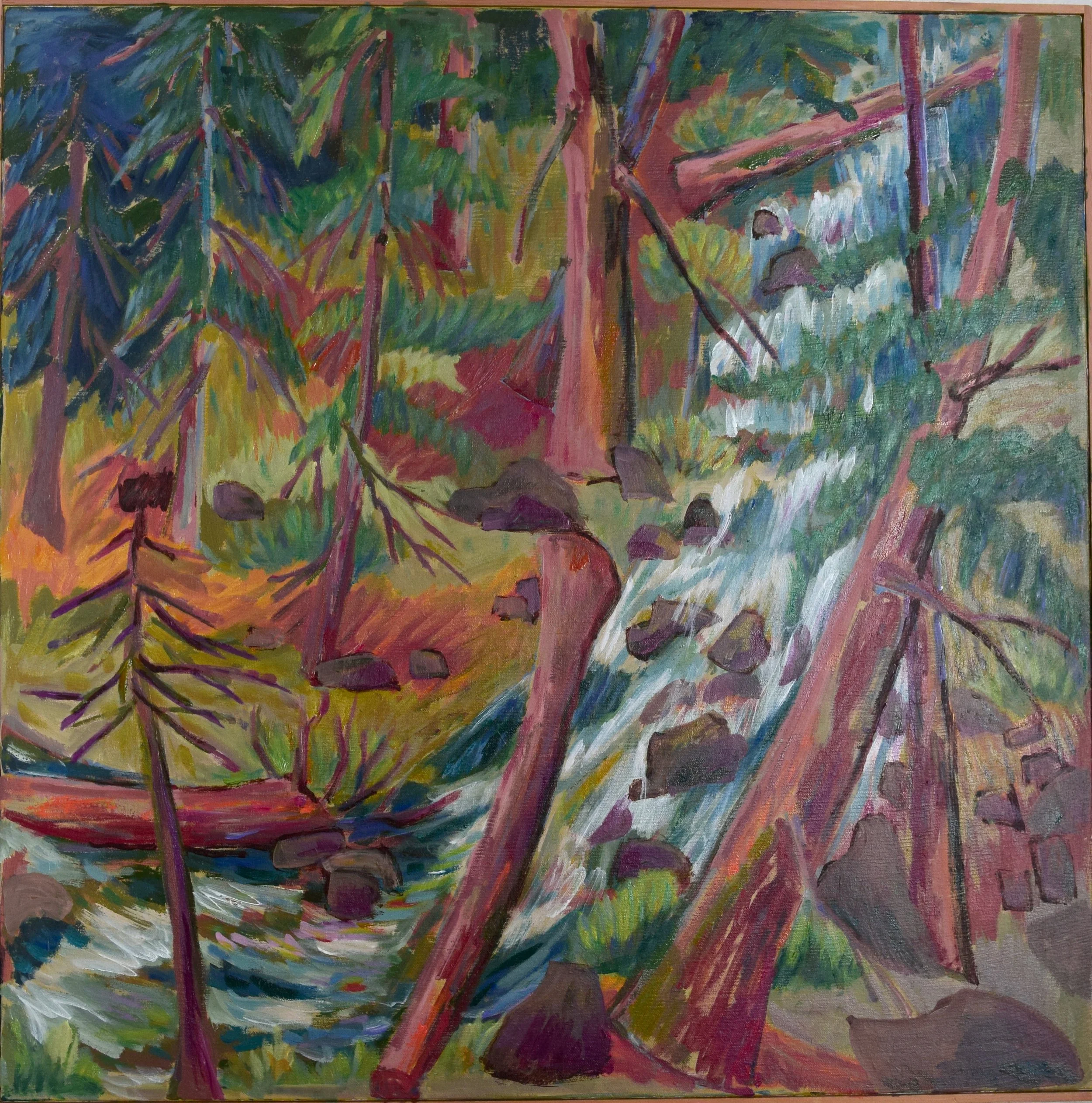 A colorful painting of a forest stream with rocks, trees, and dense foliage.