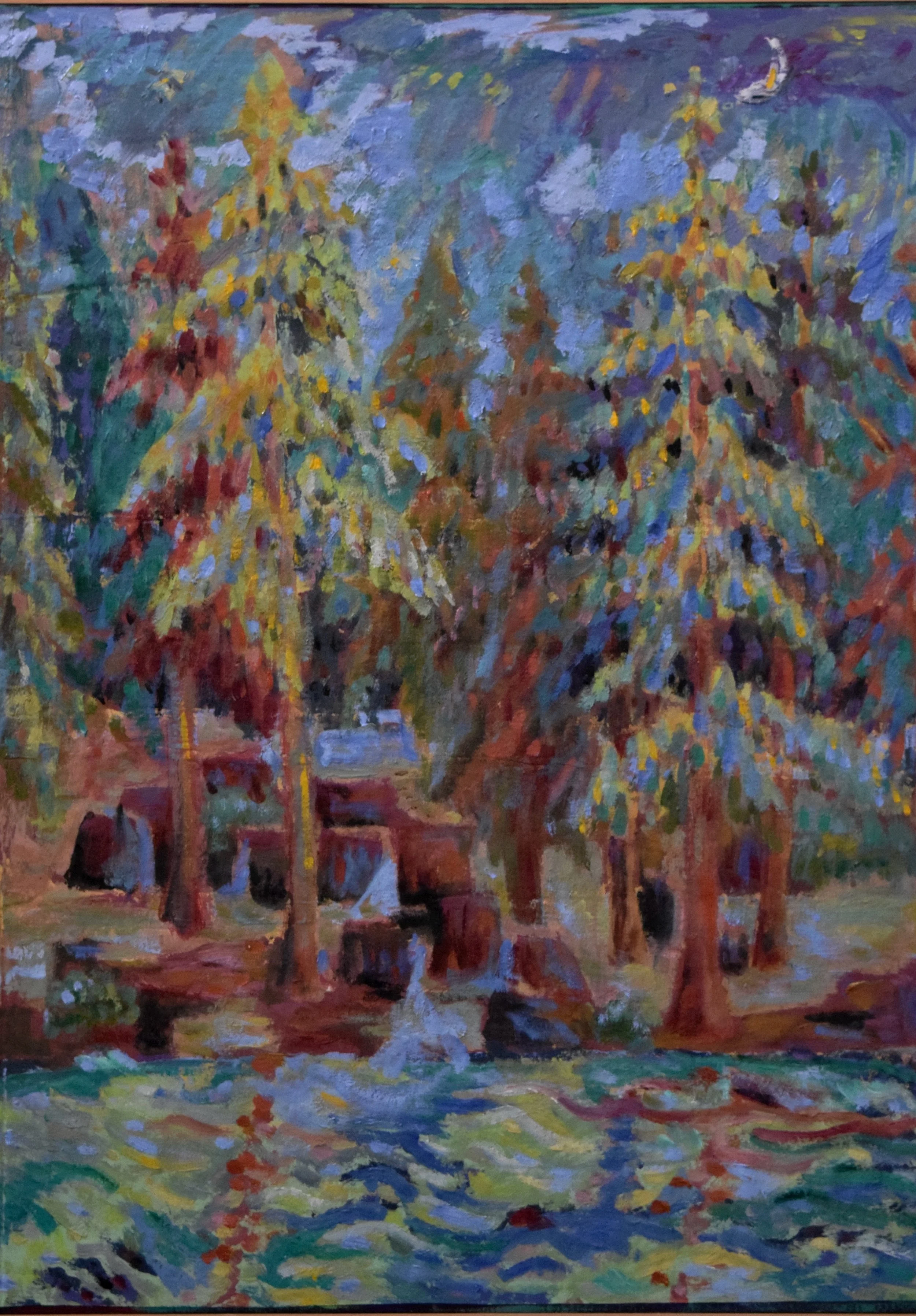 An impressionist painting of a park scene featuring tall trees with colorful foliage, a small fountain, and a grassy area.