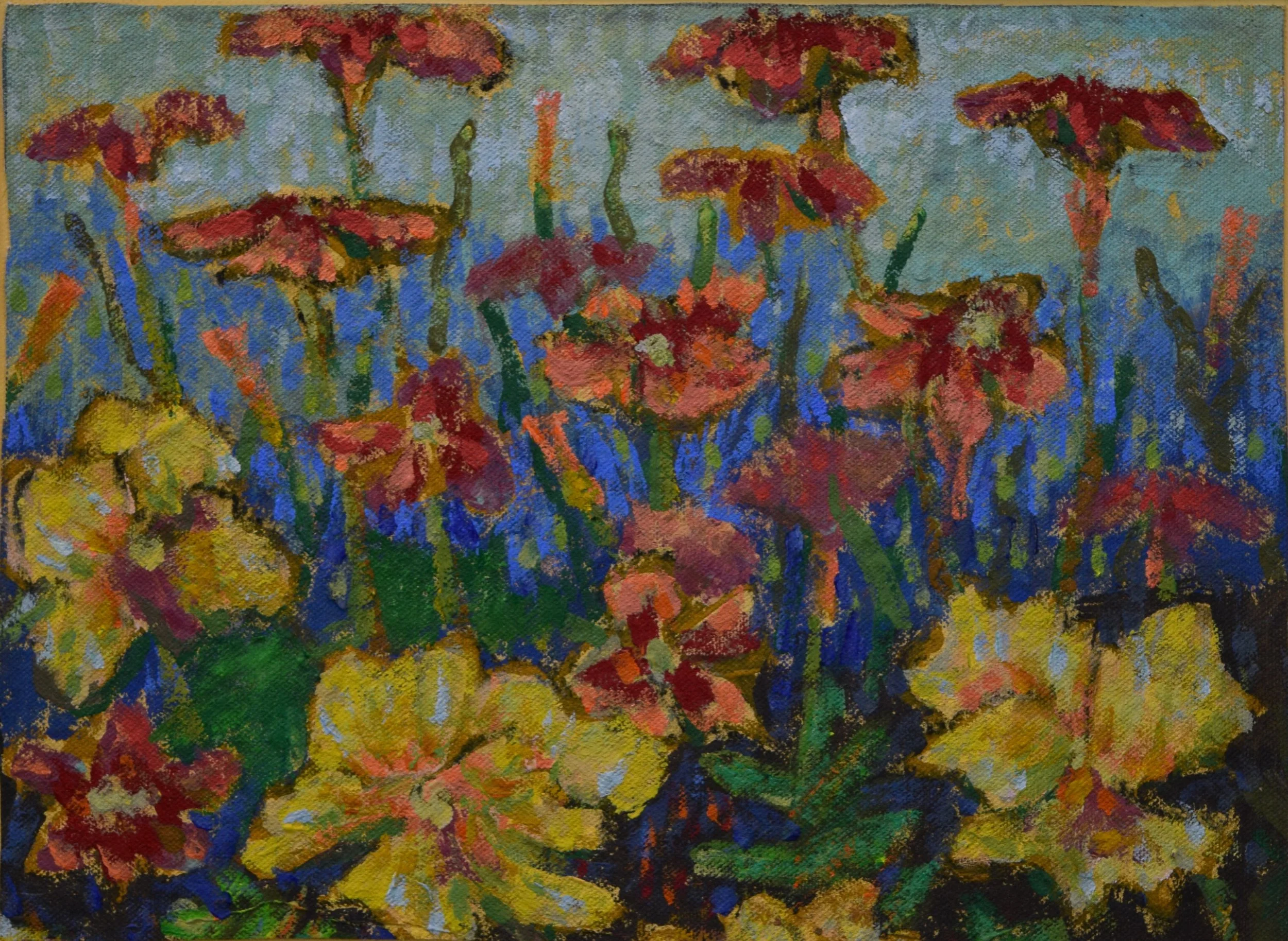 An oil painting of a garden with red, yellow, and orange flowers with green stems and leaves, set against a blue background.
