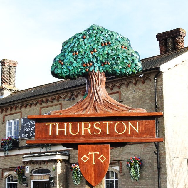 A large wooden sign with a tree sculpture on top that has green leaves and orange fruit, displaying the word "THURSTON" in gold lettering, mounted on a building with hanging flower pots.