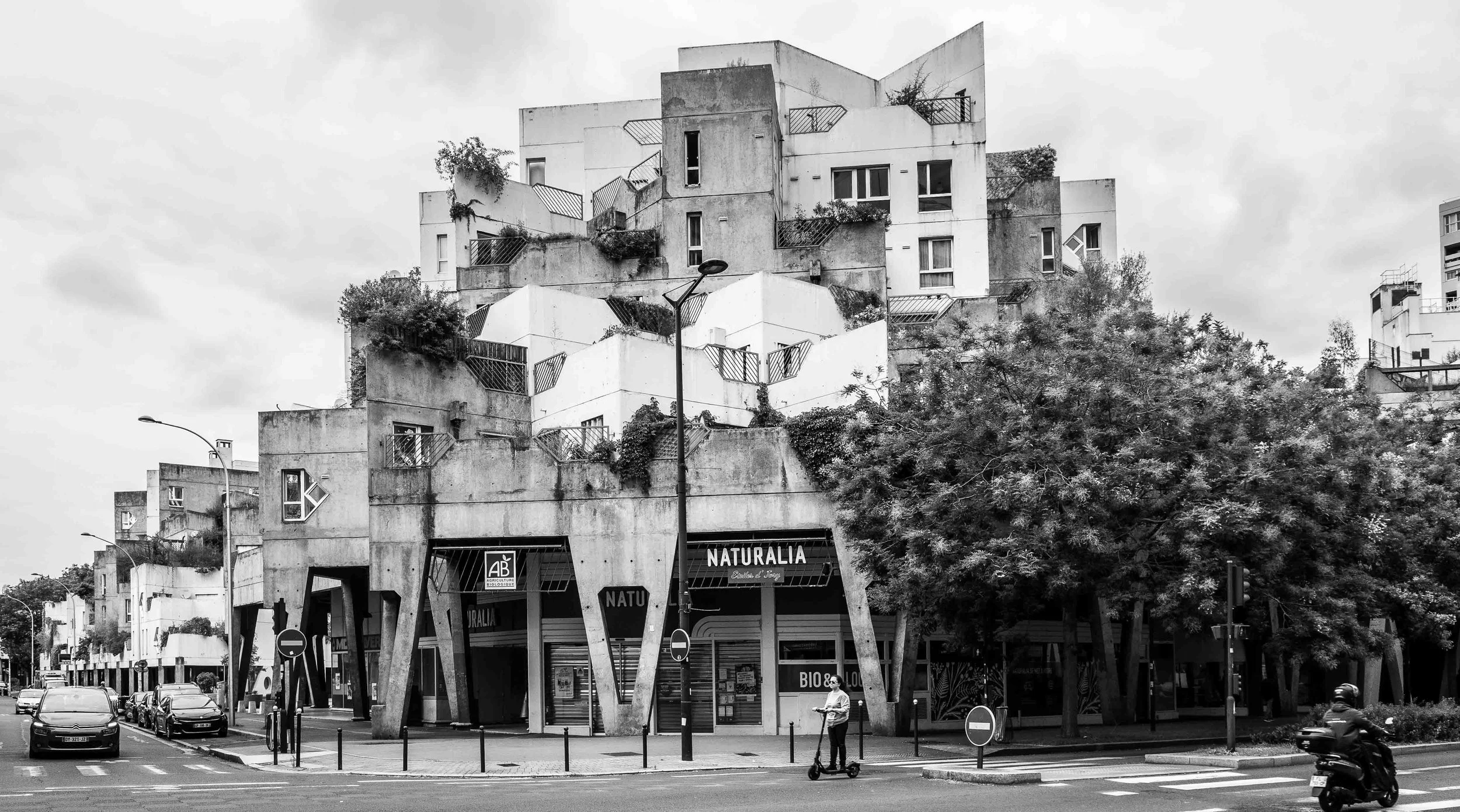 Modern multi-story building with a unique, staggered design and plants on terraces, alongside a street with cars and a tree, in black and white.