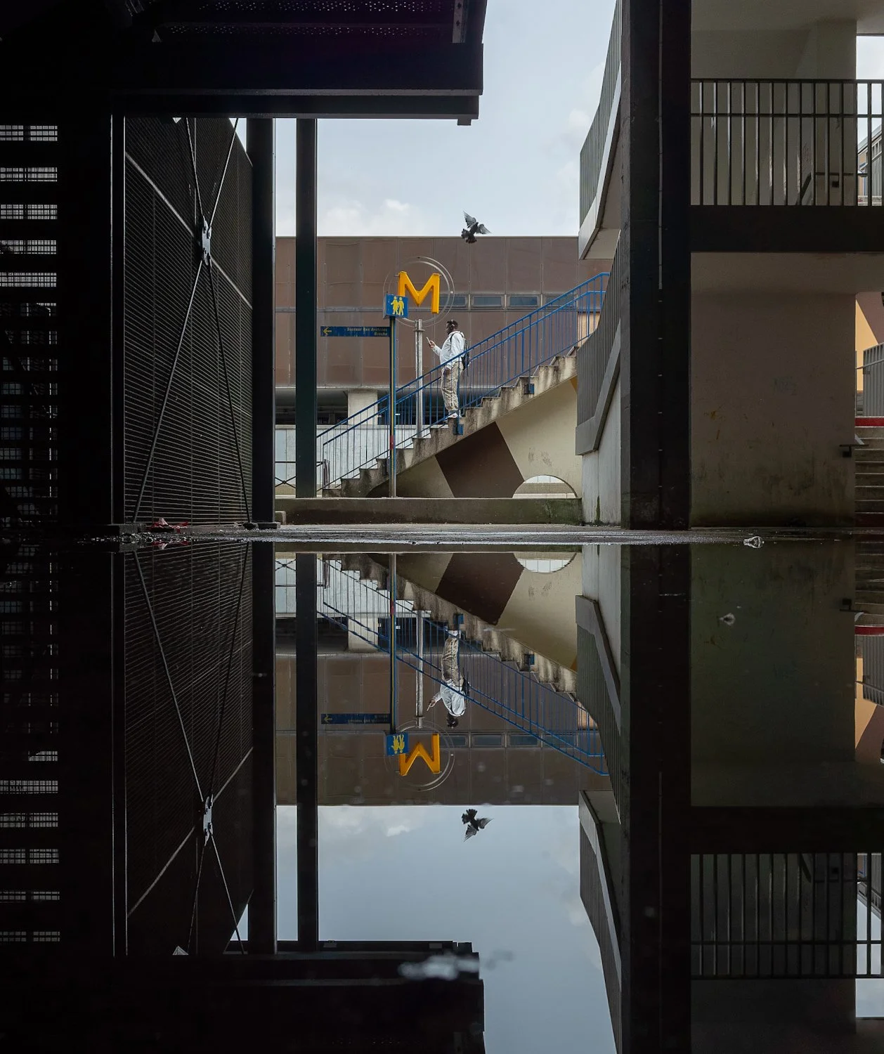 A person in white clothing standing on an outdoor staircase near a metro sign, with a bird flying above, reflected in a puddle of water on the ground.