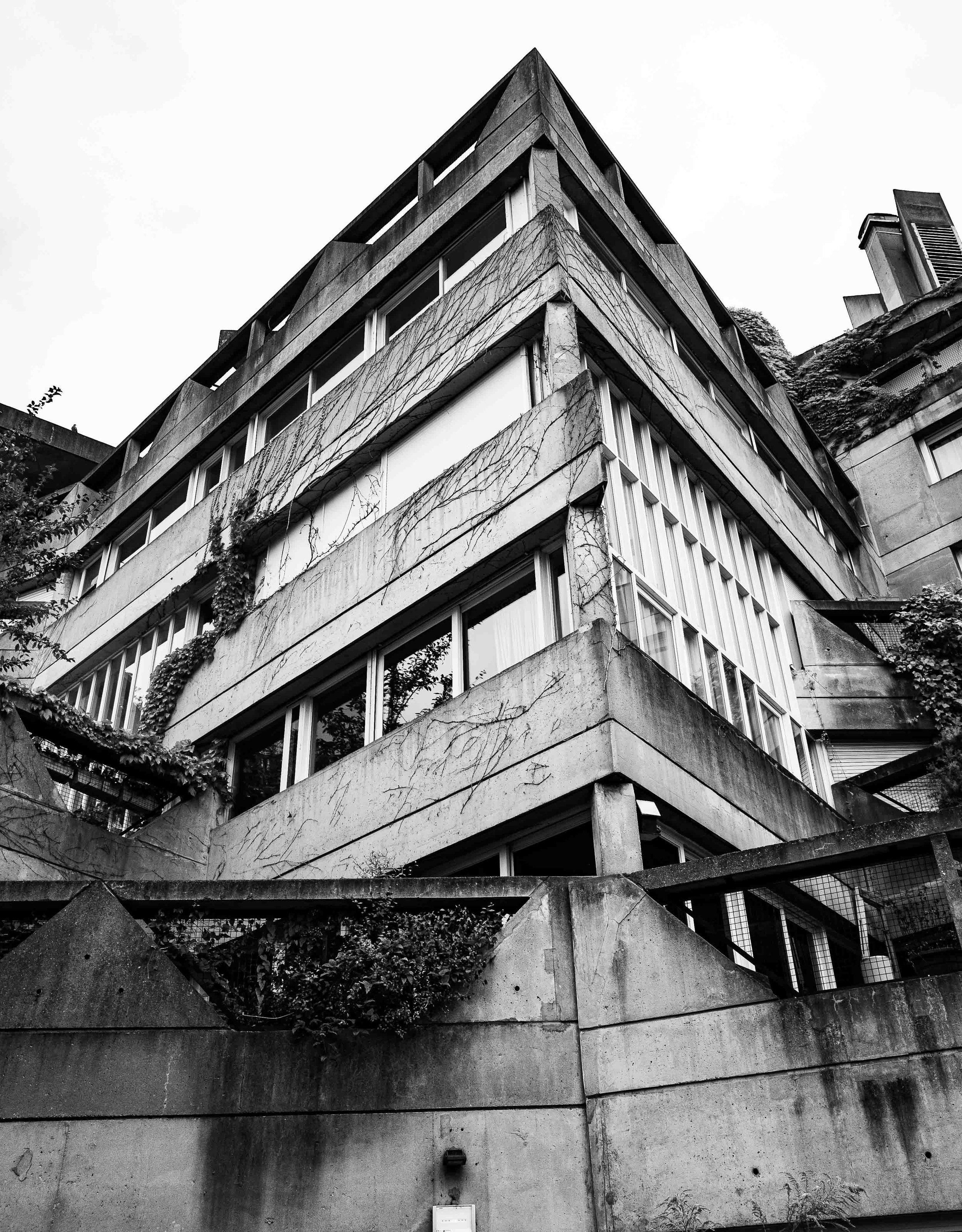 Black and white photo of a modern multi-story concrete building with large windows and exposed concrete panels, with some ivy growing on its exterior, viewed from a low angle.