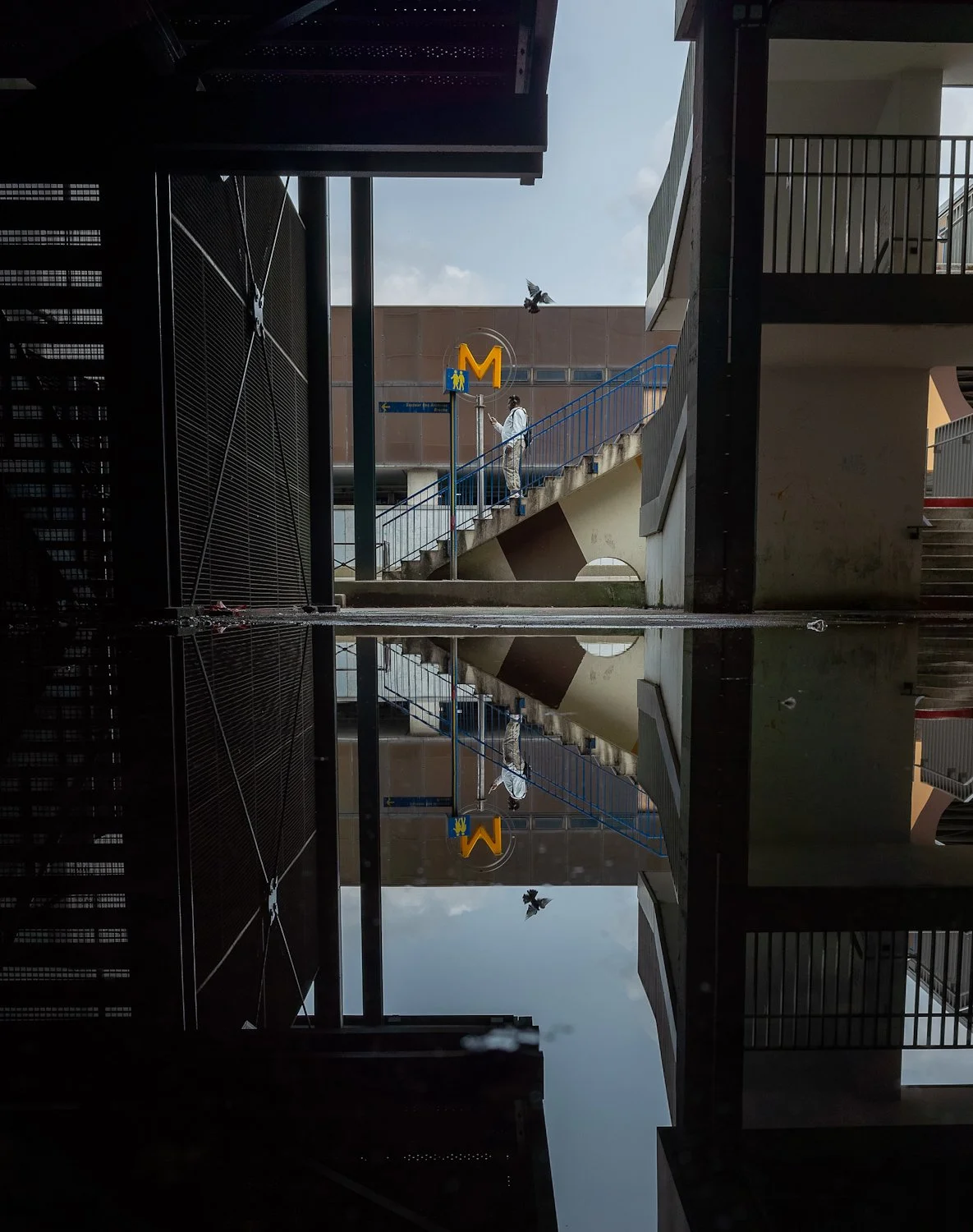 A person standing on an outdoor staircase near a metro station entrance with a yellow 'M' sign. The scene reflects in a large puddle on the ground, creating a mirrored effect. A bird is flying above the person.